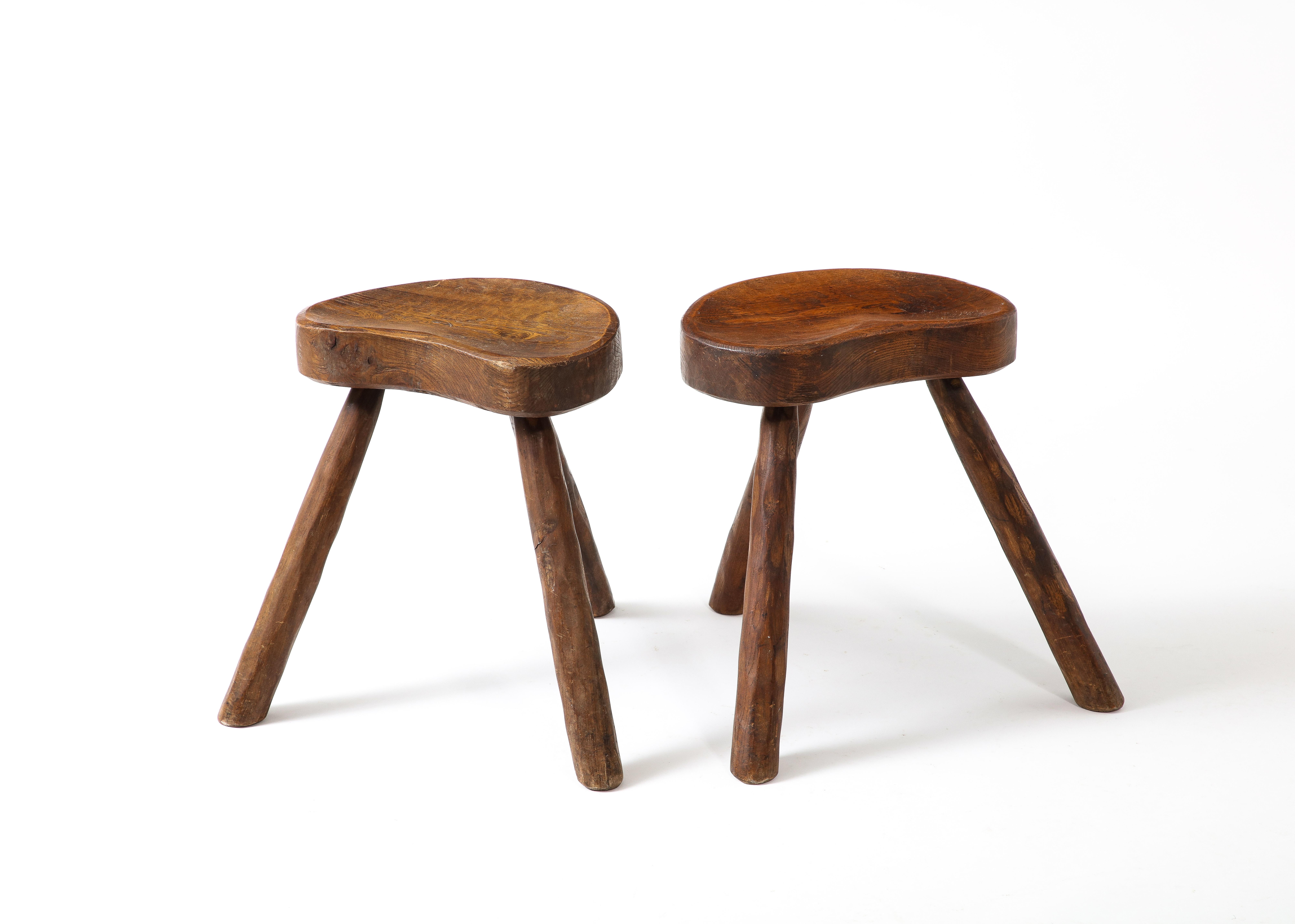 French Pair of Hand Carved Elm Stool After Jean Touret, France 1950s