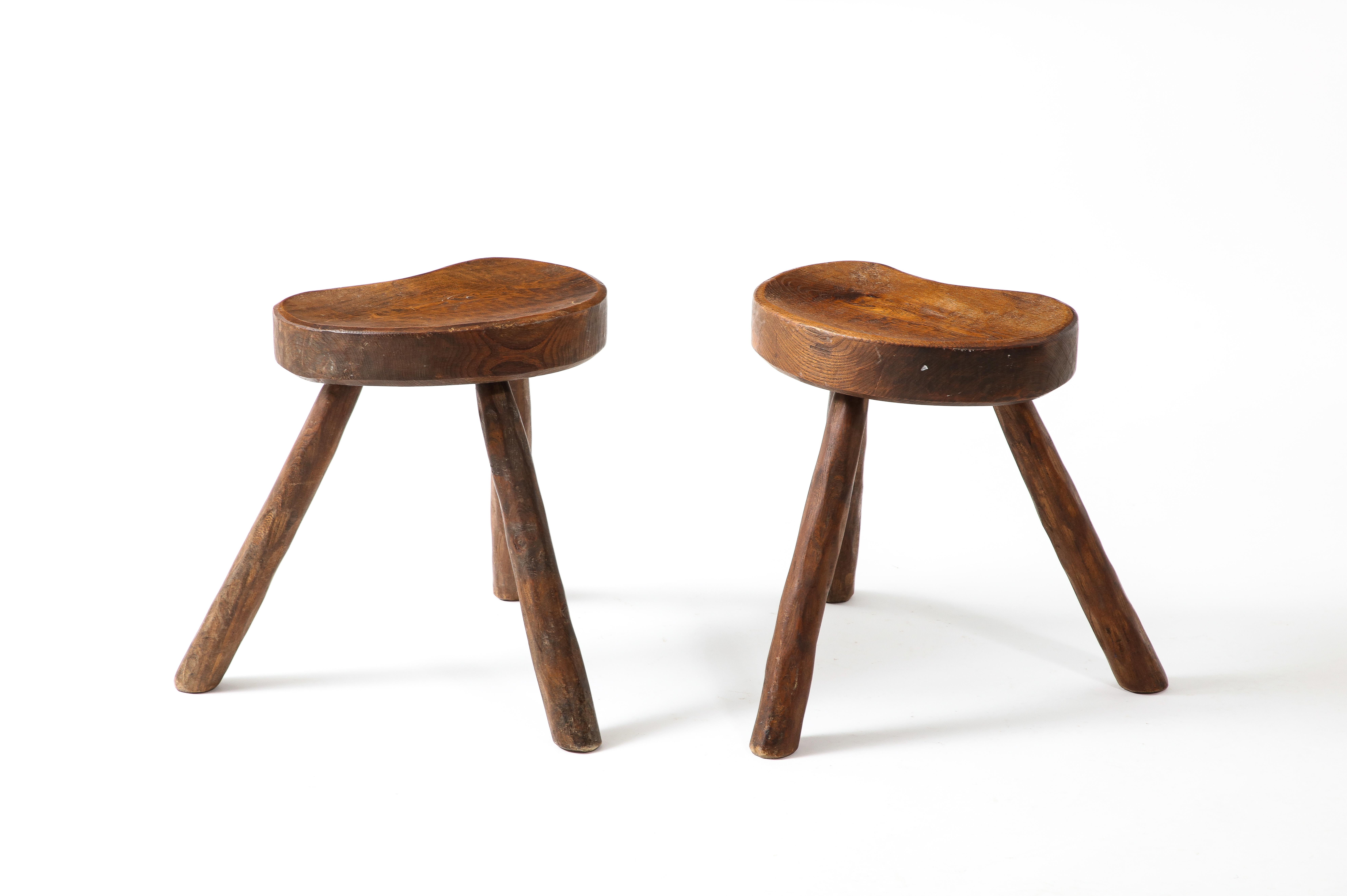 20th Century Pair of Hand Carved Elm Stool After Jean Touret, France 1950s