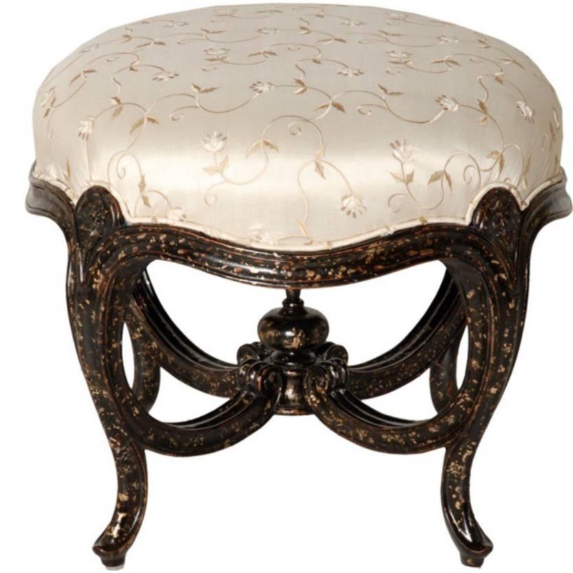 Pair of Hand-Carved Footstools with Embroidered Floral Silk Upholstery For Sale