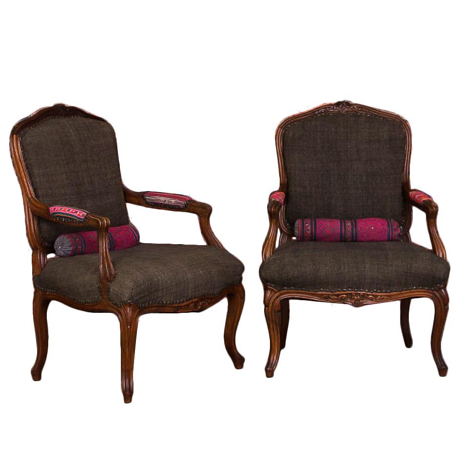 Pair of Hand-Carved French Walnut Fautuils or Armchairs