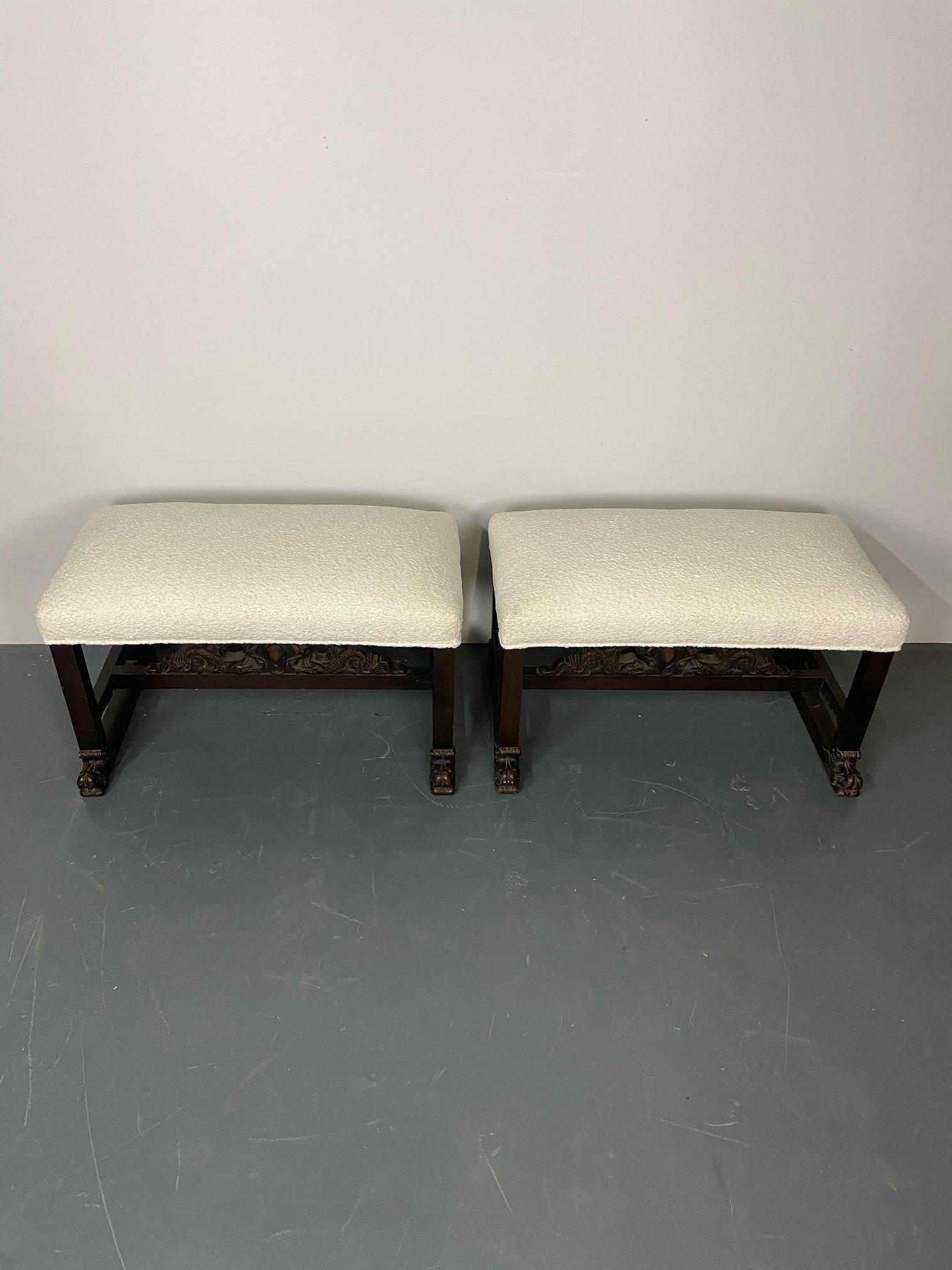 Pair of Hand Carved Georgian Style Benches / Footstools / Ottomans, Boucle For Sale 3