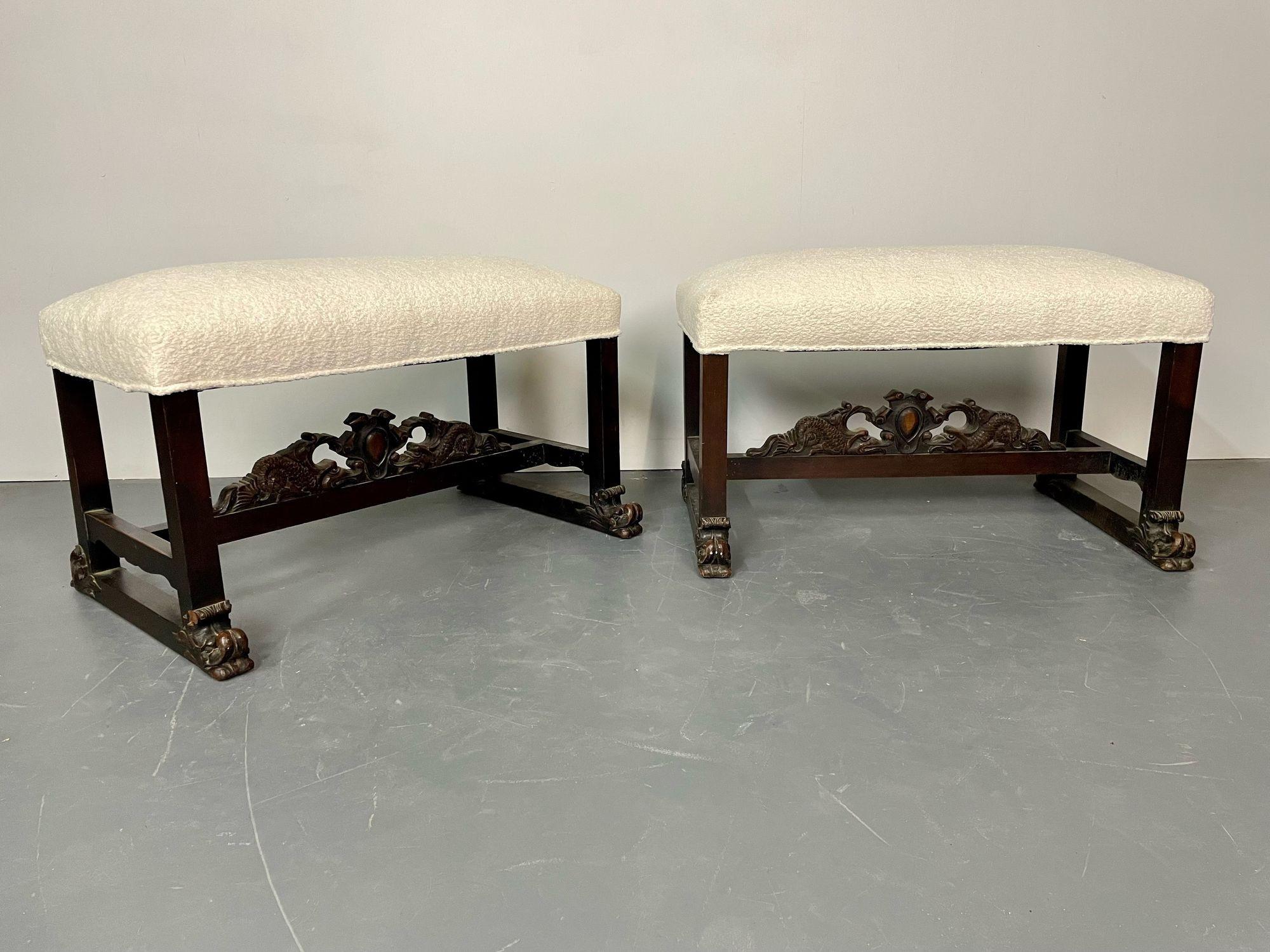 Pair of Hand Carved Georgian Style Benches / Footstools / Ottomans, Boucle For Sale 5