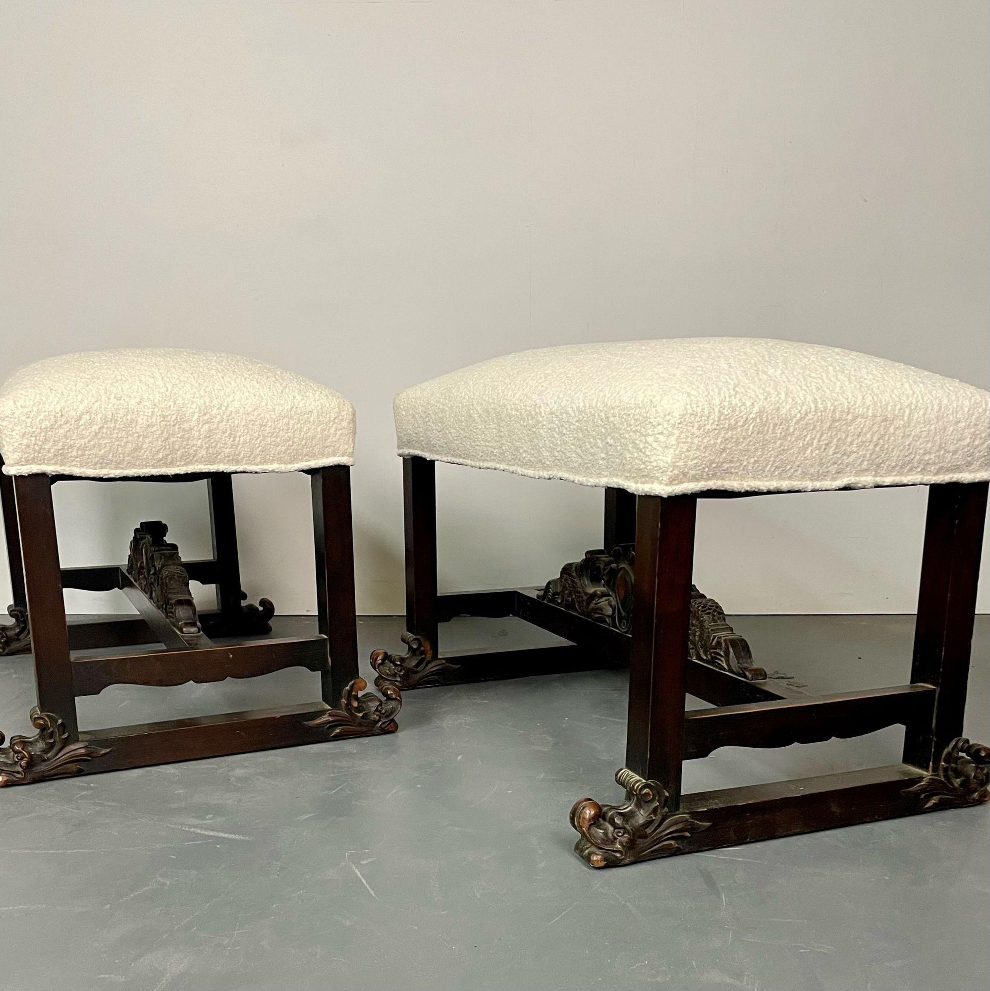 Pair of Hand Carved Georgian Style Benches / Footstools / Ottomans, Boucle For Sale 7