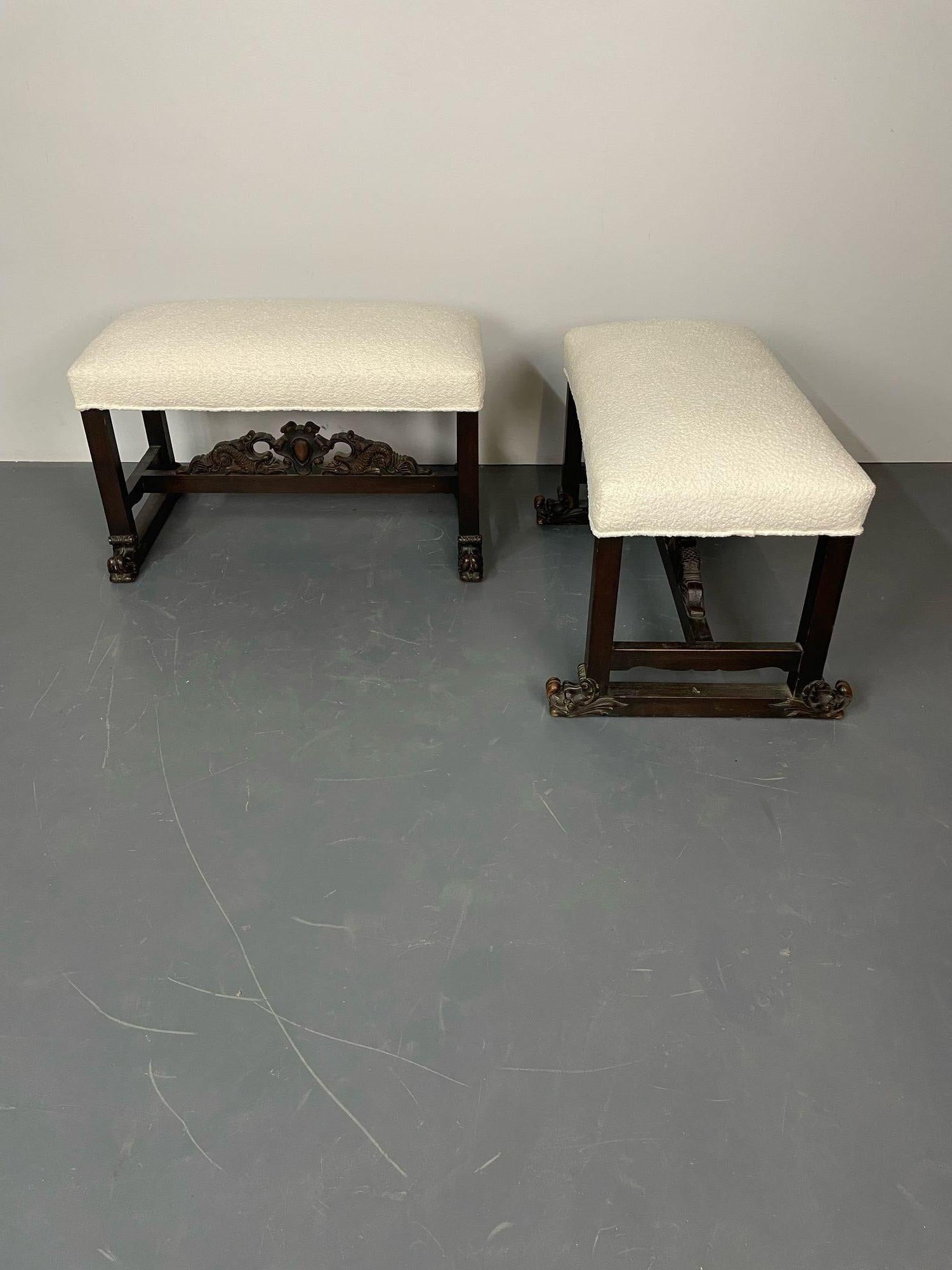 Pair of Hand Carved Georgian Style Benches / Footstools / Ottomans, Boucle For Sale 9