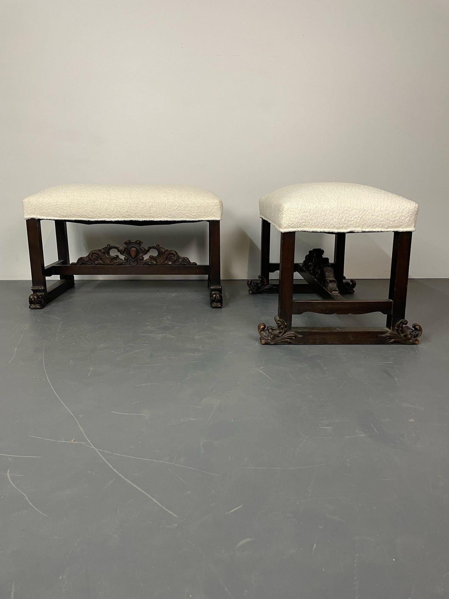 Pair of Hand Carved Georgian Style Benches / Footstools / Ottomans, Boucle For Sale 10