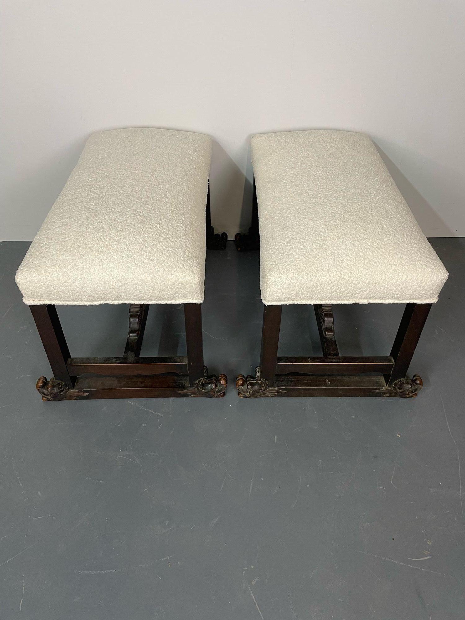 Pair of Hand Carved Georgian Style Benches / Footstools / Ottomans, Boucle For Sale 12
