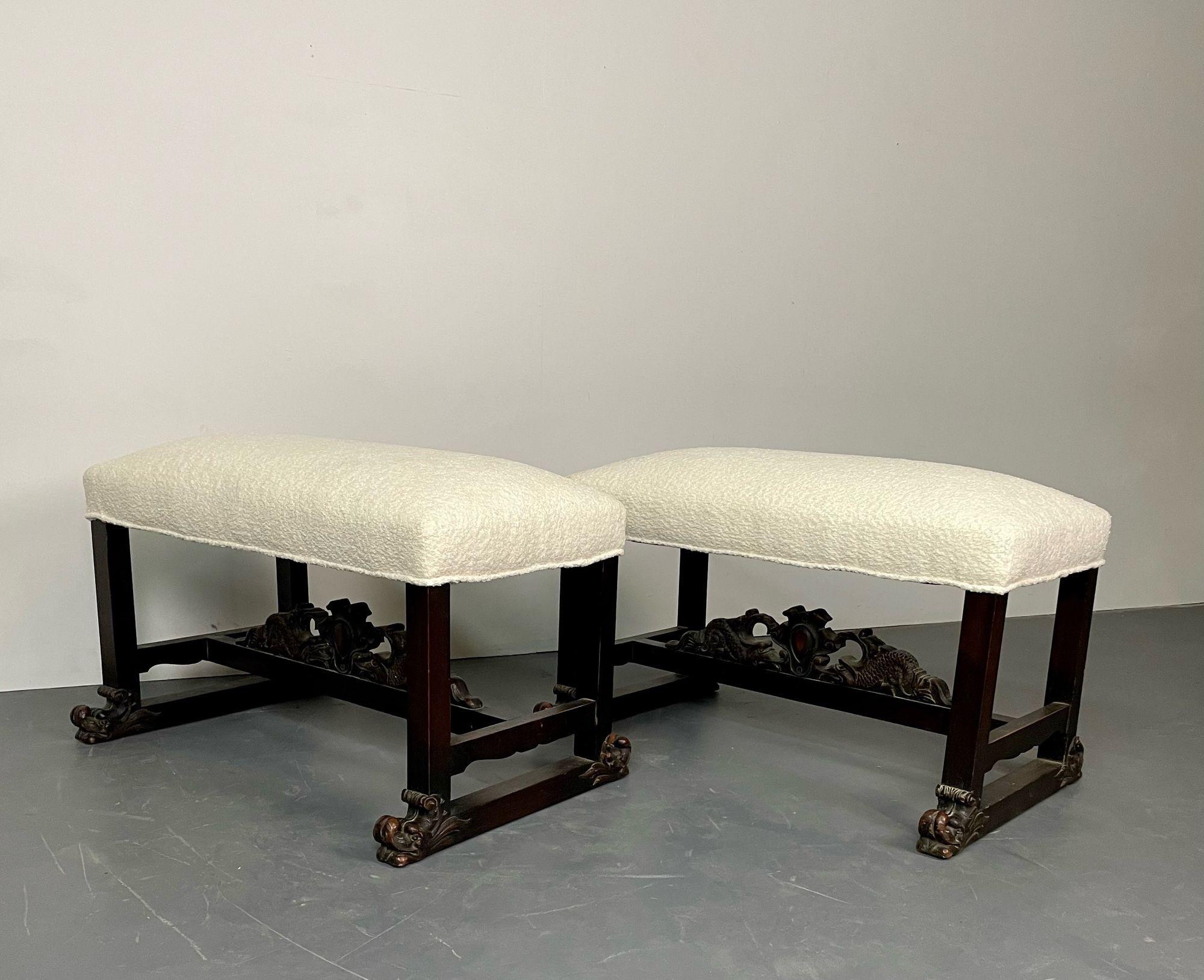 Pair of Hand Carved Georgian Style benches / footstools / ottomans, Boucle
Hand carved newly upholstered benches or footstools each having boucle cushioned tops and intricately hand carved wooden bases. All wooden parts that make up each base are