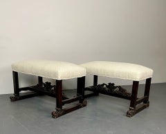 Pair of Hand Carved Georgian Style Benches / Footstools / Ottomans, Boucle