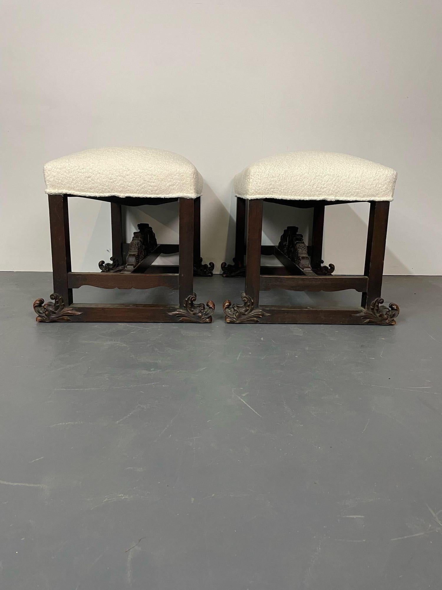 Pair of Hand Carved Georgian Style Benches / Footstools / Ottomans, Boucle For Sale 13