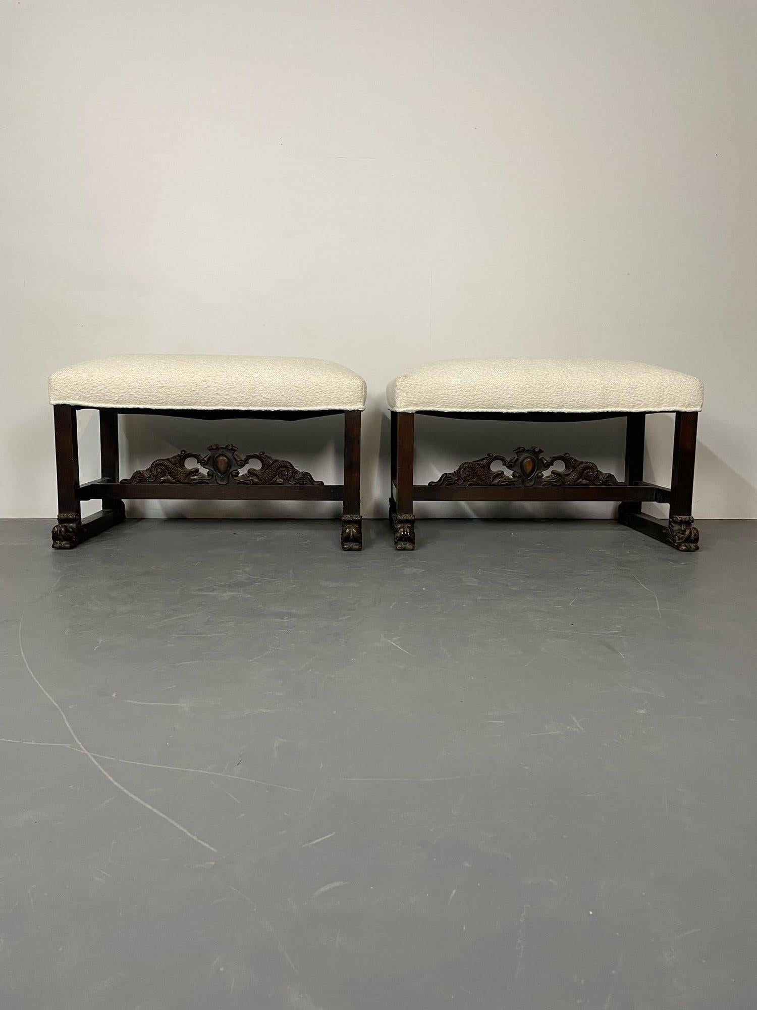 Rococo Pair of Hand Carved Georgian Style Benches / Footstools / Ottomans, Boucle For Sale