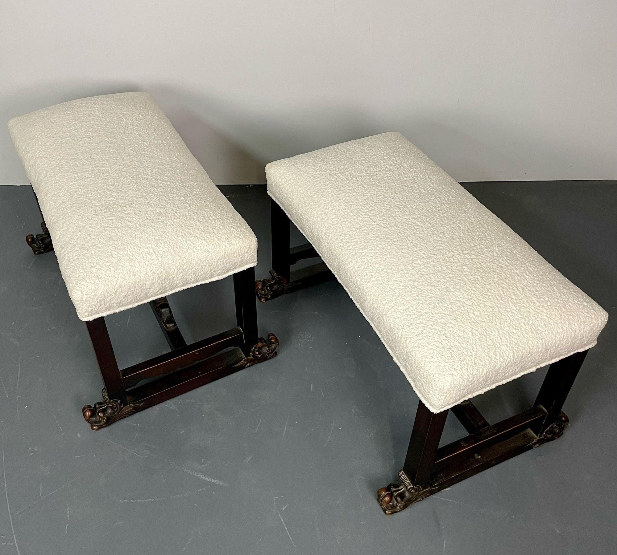 English Pair of Hand Carved Georgian Style Benches / Footstools / Ottomans, Boucle For Sale