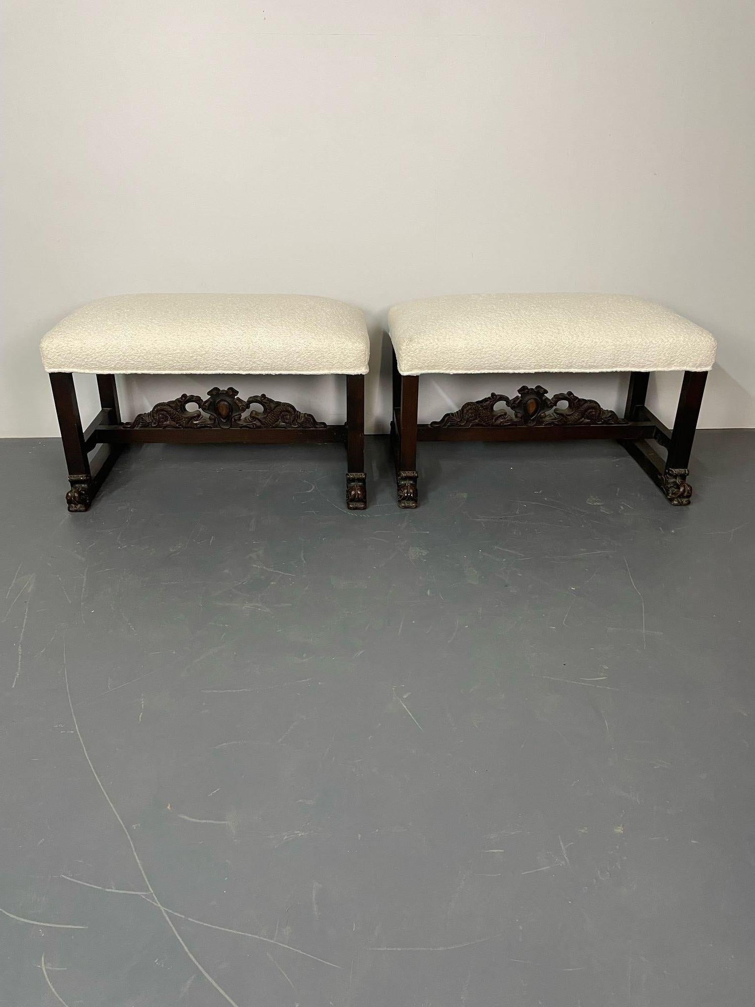 Pair of Hand Carved Georgian Style Benches / Footstools / Ottomans, Boucle For Sale 1