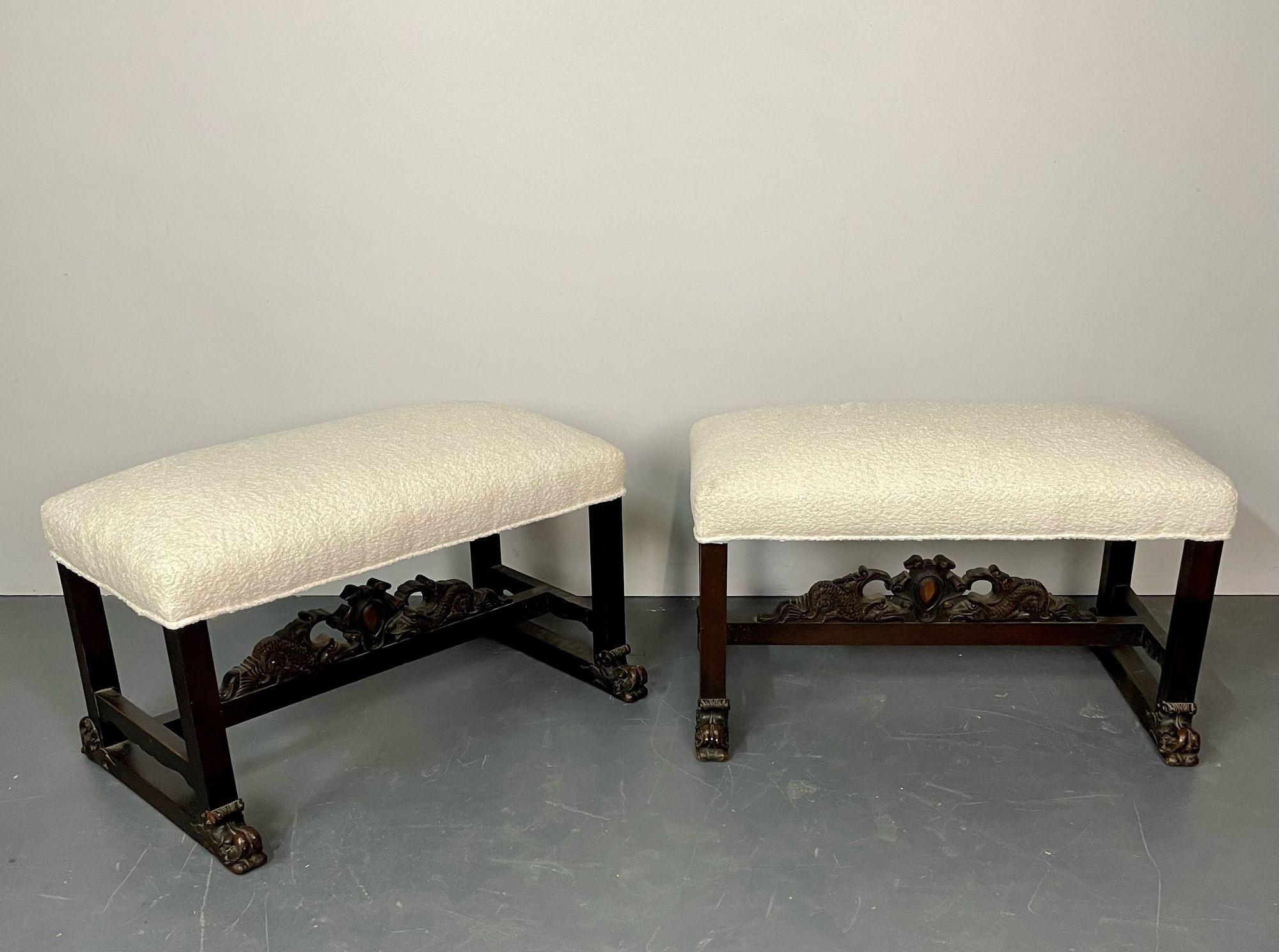 Pair of Hand Carved Georgian Style Benches / Footstools / Ottomans, Boucle For Sale 2