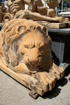 Pair of Hand Carved Giallo Cream Marble Lying Lions
