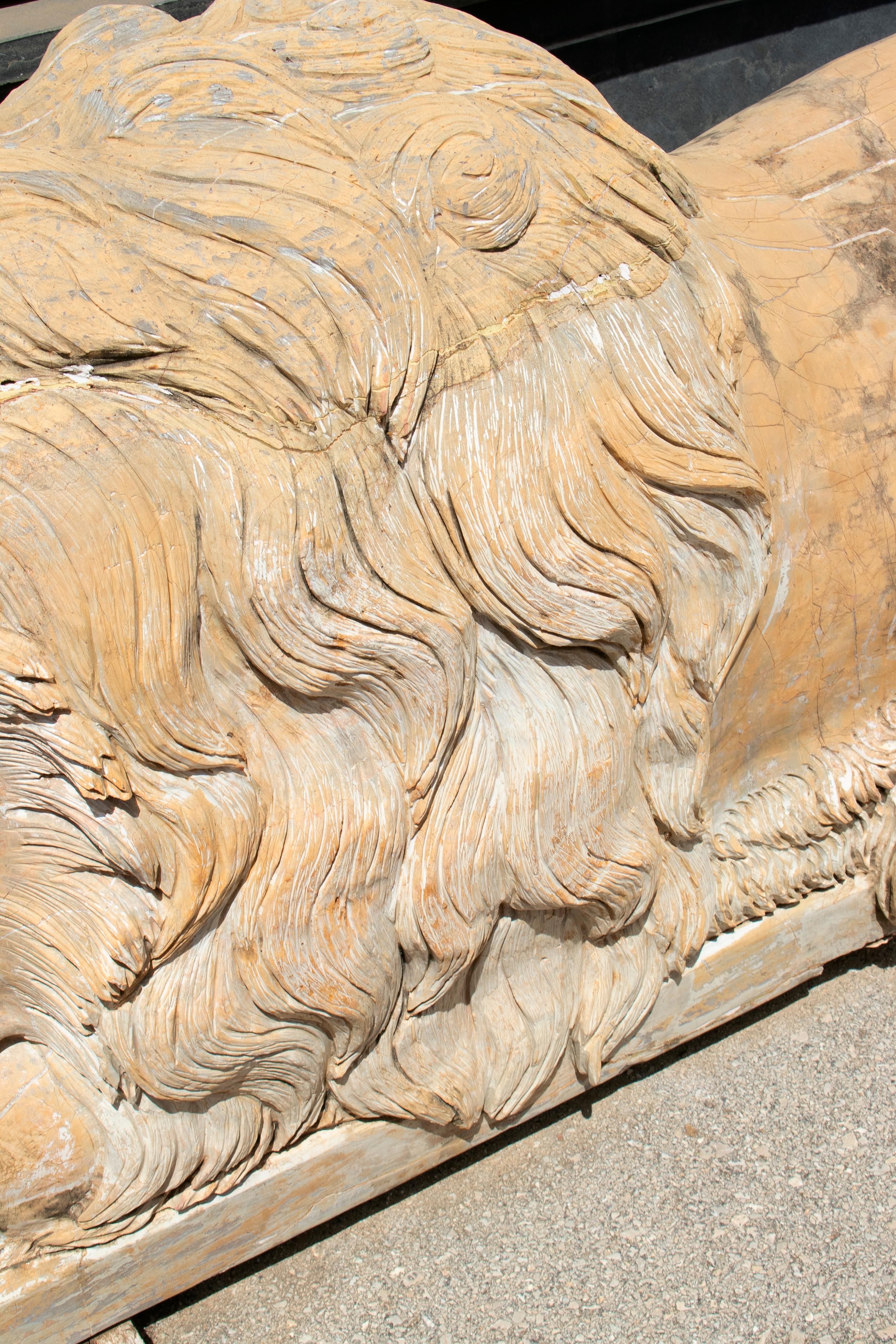 Pair of Hand Carved Giallo Cream Marble Lying Lions 1