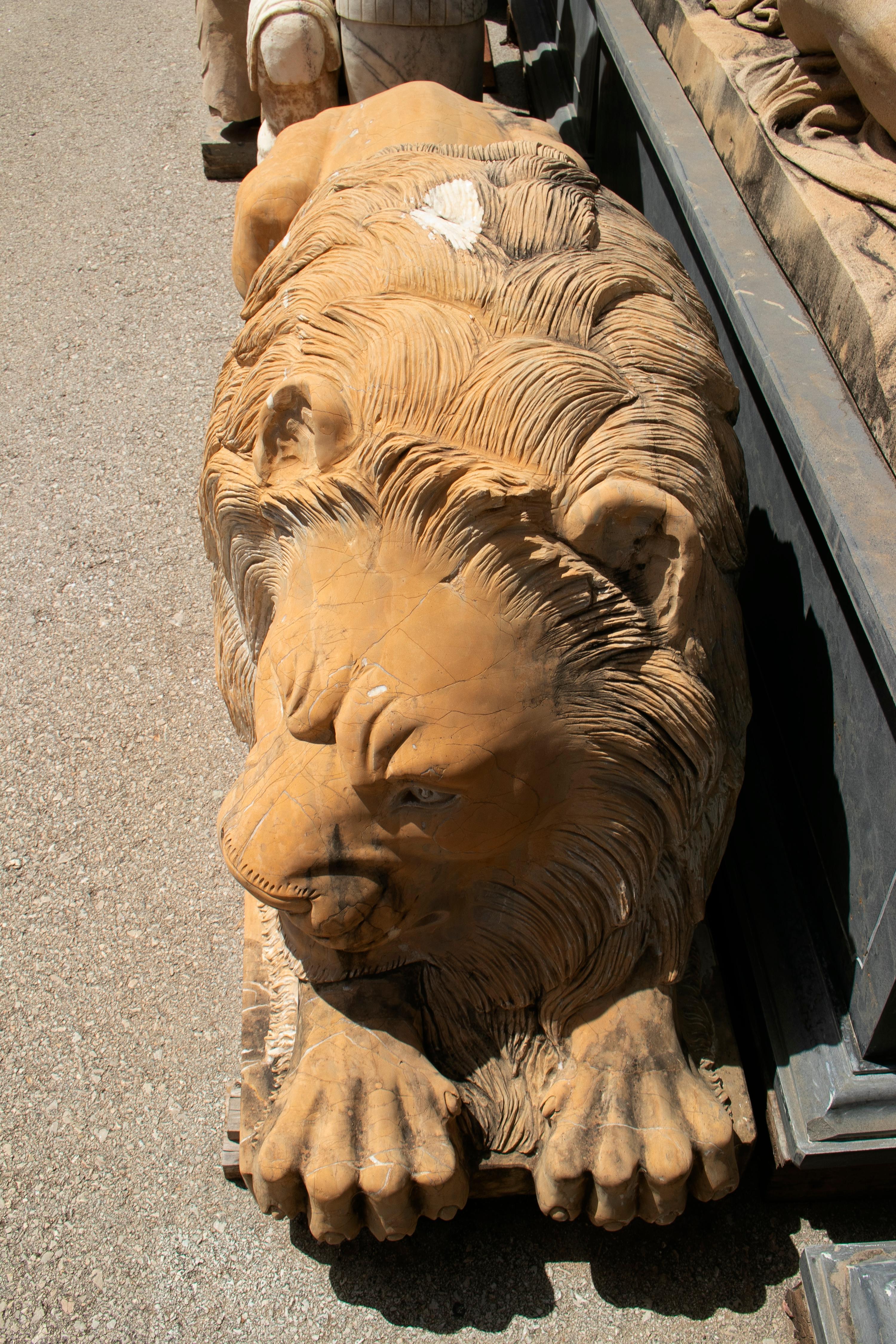Pair of Hand Carved Giallo Cream Marble Lying Lions 3
