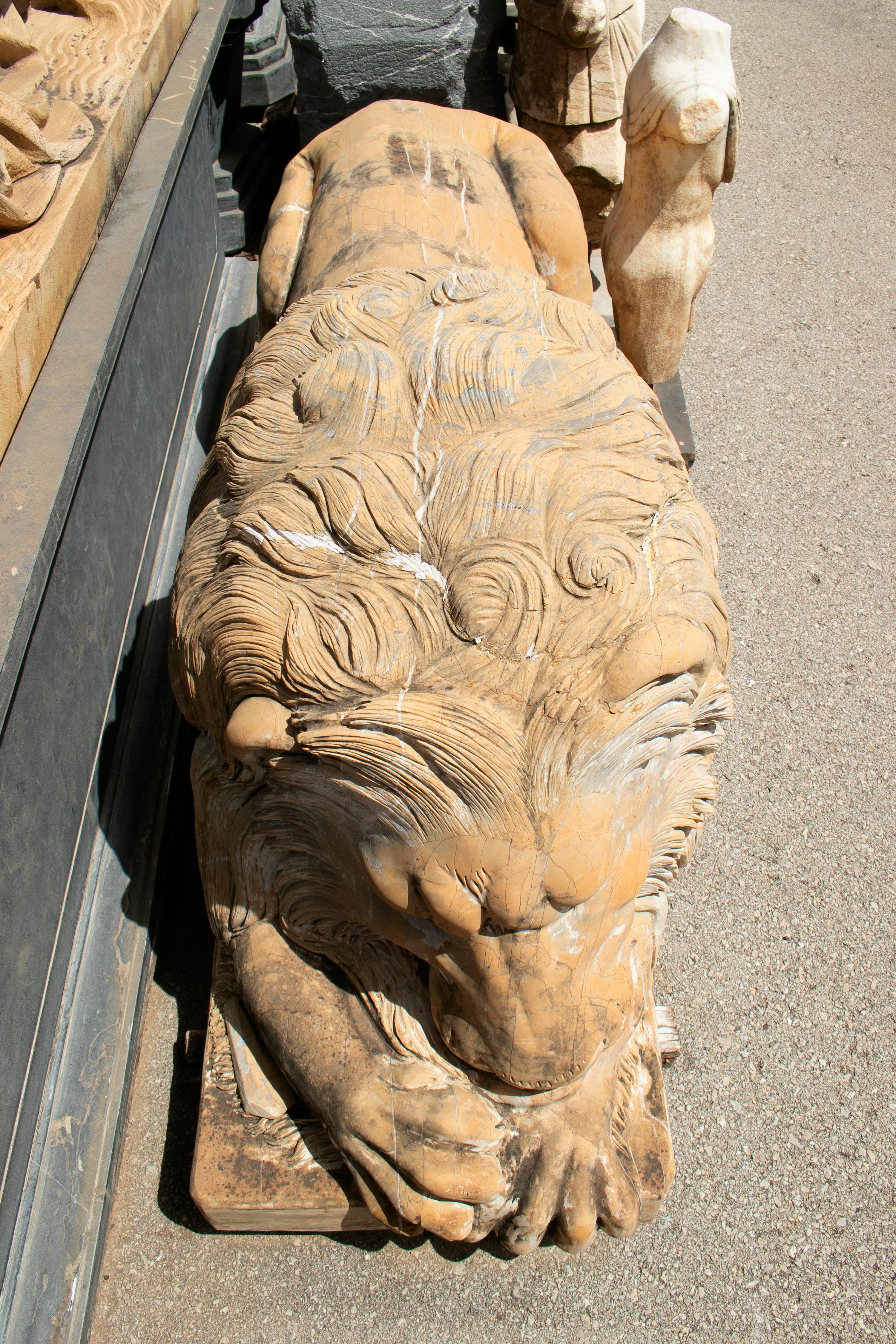 Pair of Hand Carved Giallo Cream Marble Lying Lions 4