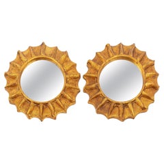 Vintage Pair of Hand Carved Gilded Florentine Round Mirrors