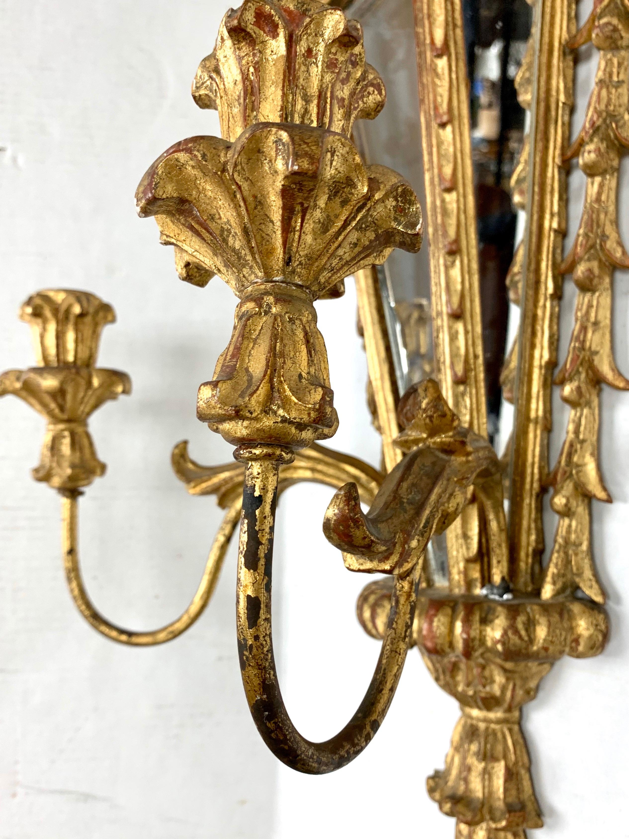 Pair of Hand Carved Giltwood Mirrored Candle Sconces, Palladio, Italy 5