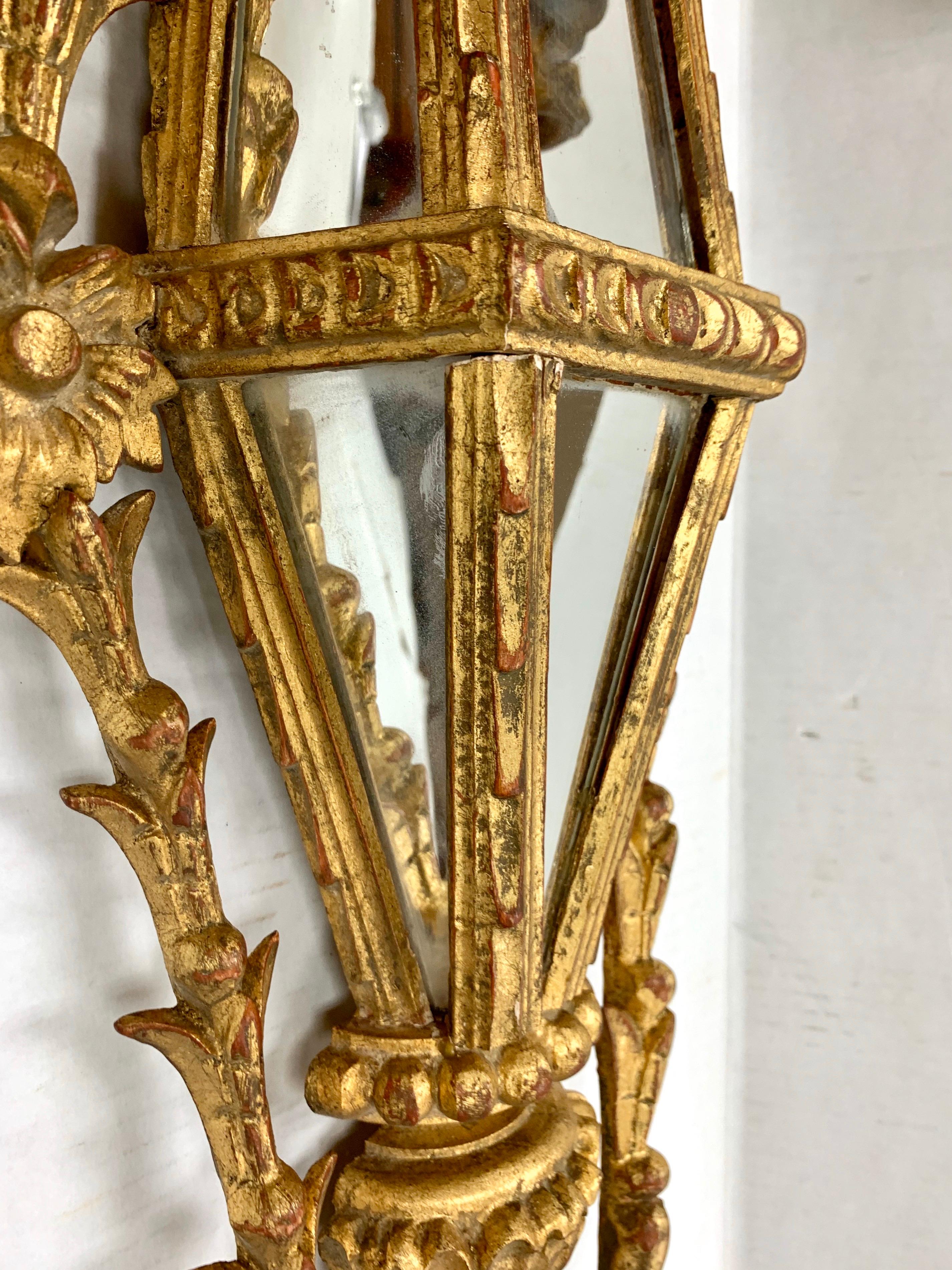 Pair of Hand Carved Giltwood Mirrored Candle Sconces, Palladio, Italy 6