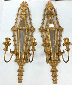 Pair of Hand Carved Giltwood Mirrored Candle Sconces, Palladio, Italy