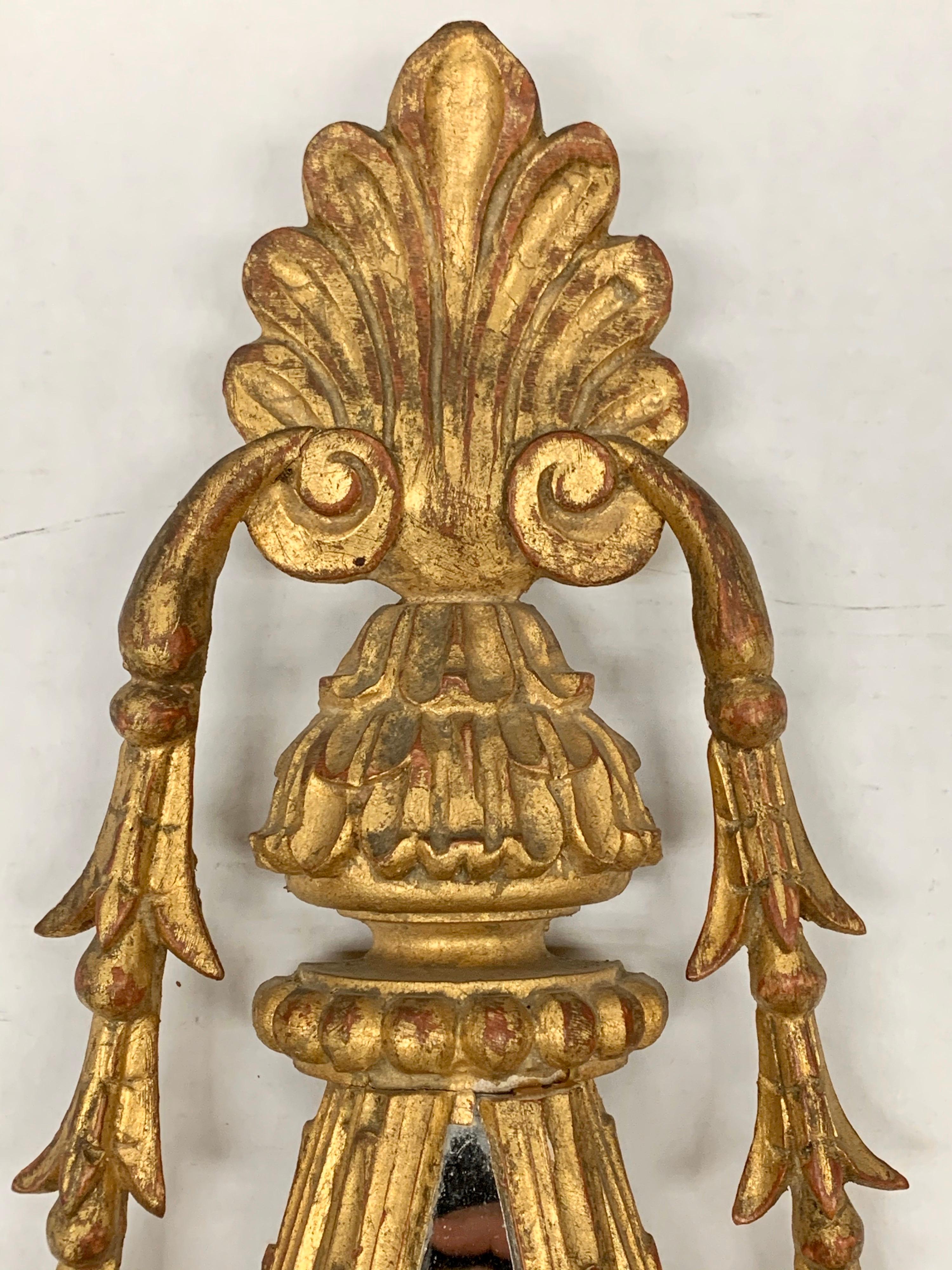 Pair of Hand Carved Giltwood Mirrored Candle Sconces, Palladio, Italy 1
