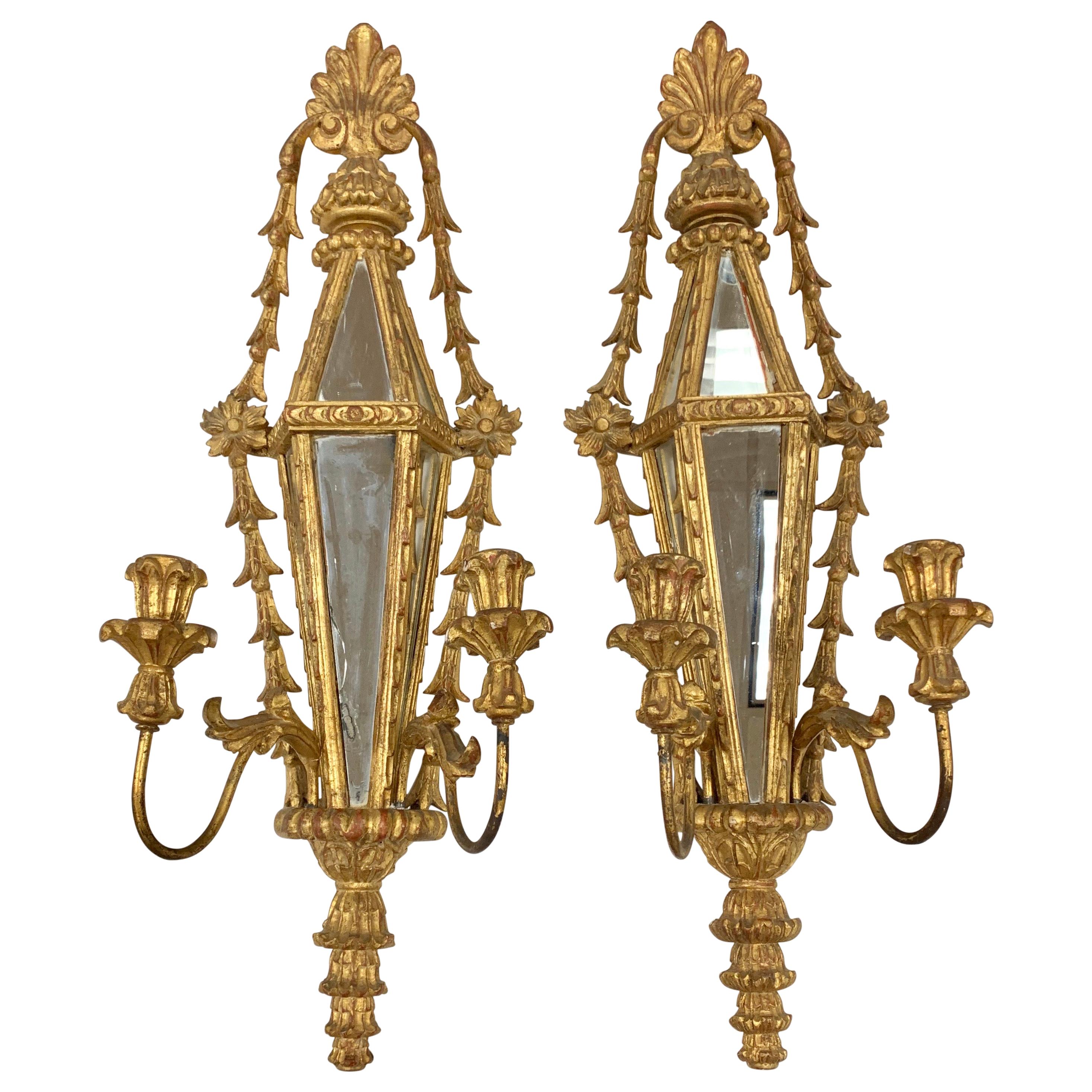 Pair of Hand Carved Giltwood Mirrored Candle Sconces, Palladio, Italy