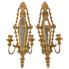 Pair of Hand Carved Giltwood Mirrored Candle Sconces, Palladio, Italy