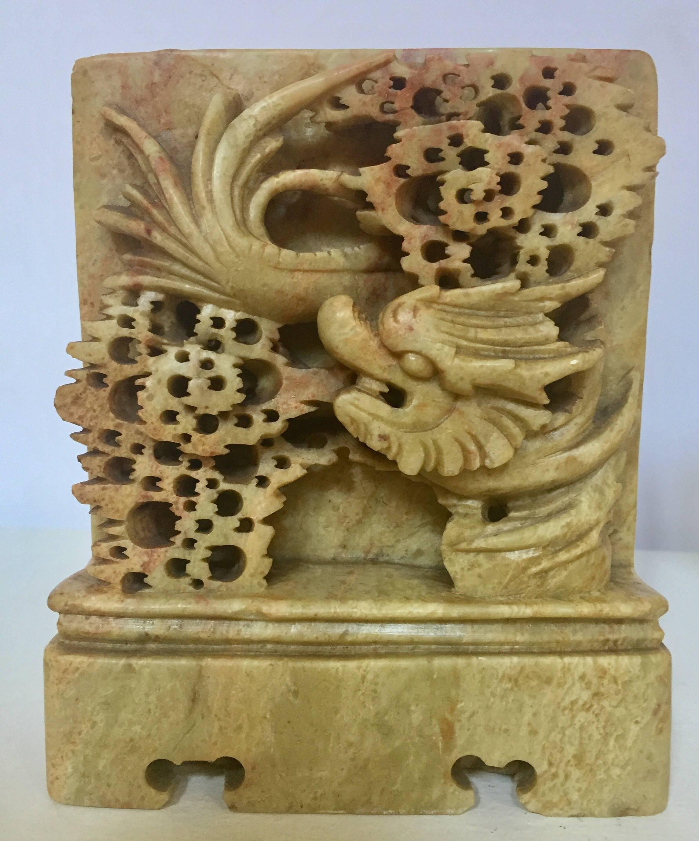 Pair of Hand Carved Green Soapstone Bookends with Asian Chinese Dragon Motif 1