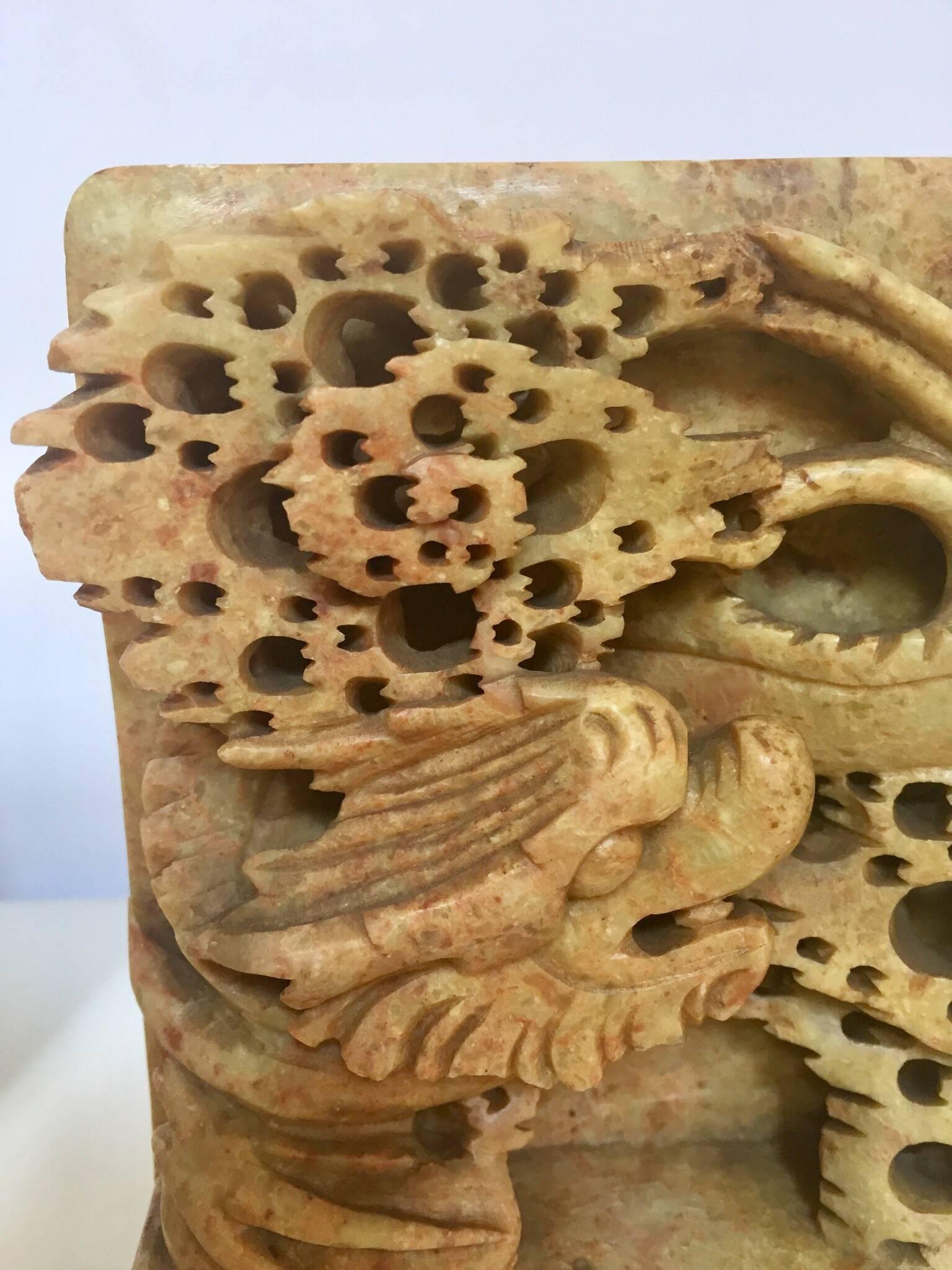 Pair of Hand Carved Green Soapstone Bookends with Asian Chinese Dragon Motif 2