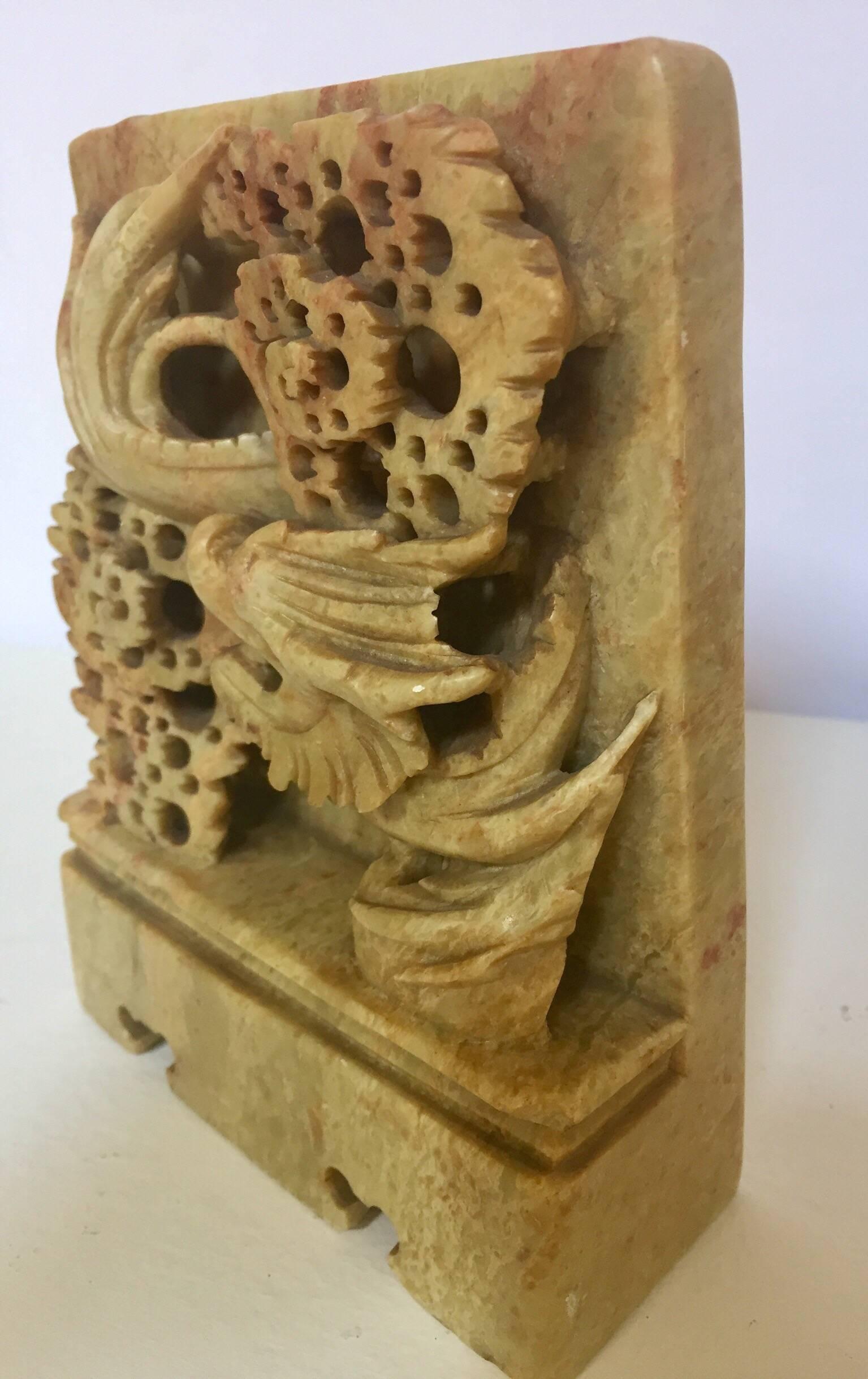 Chinese Export Pair of Hand Carved Green Soapstone Bookends with Asian Chinese Dragon Motif