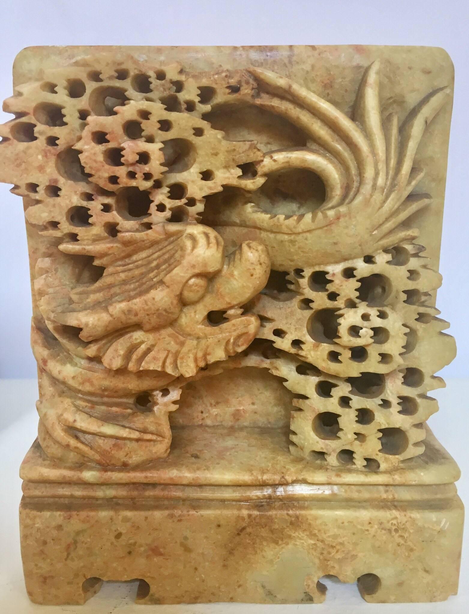 20th Century Pair of Hand Carved Green Soapstone Bookends with Asian Chinese Dragon Motif
