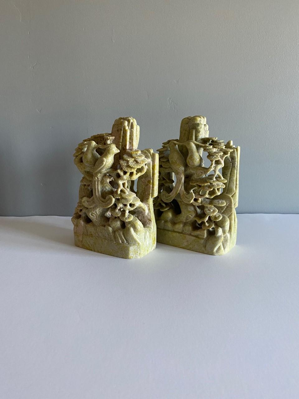 Pair of Hand Carved Green Soapstone Bookends with Pheasant imagery Chinoiserie For Sale 1