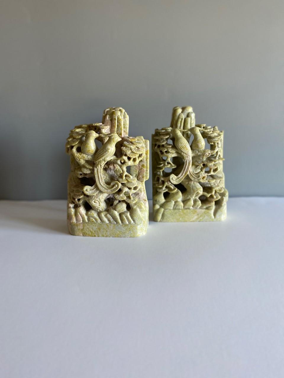 Pair of Hand Carved Green Soapstone Bookends with Pheasant imagery Chinoiserie For Sale 2