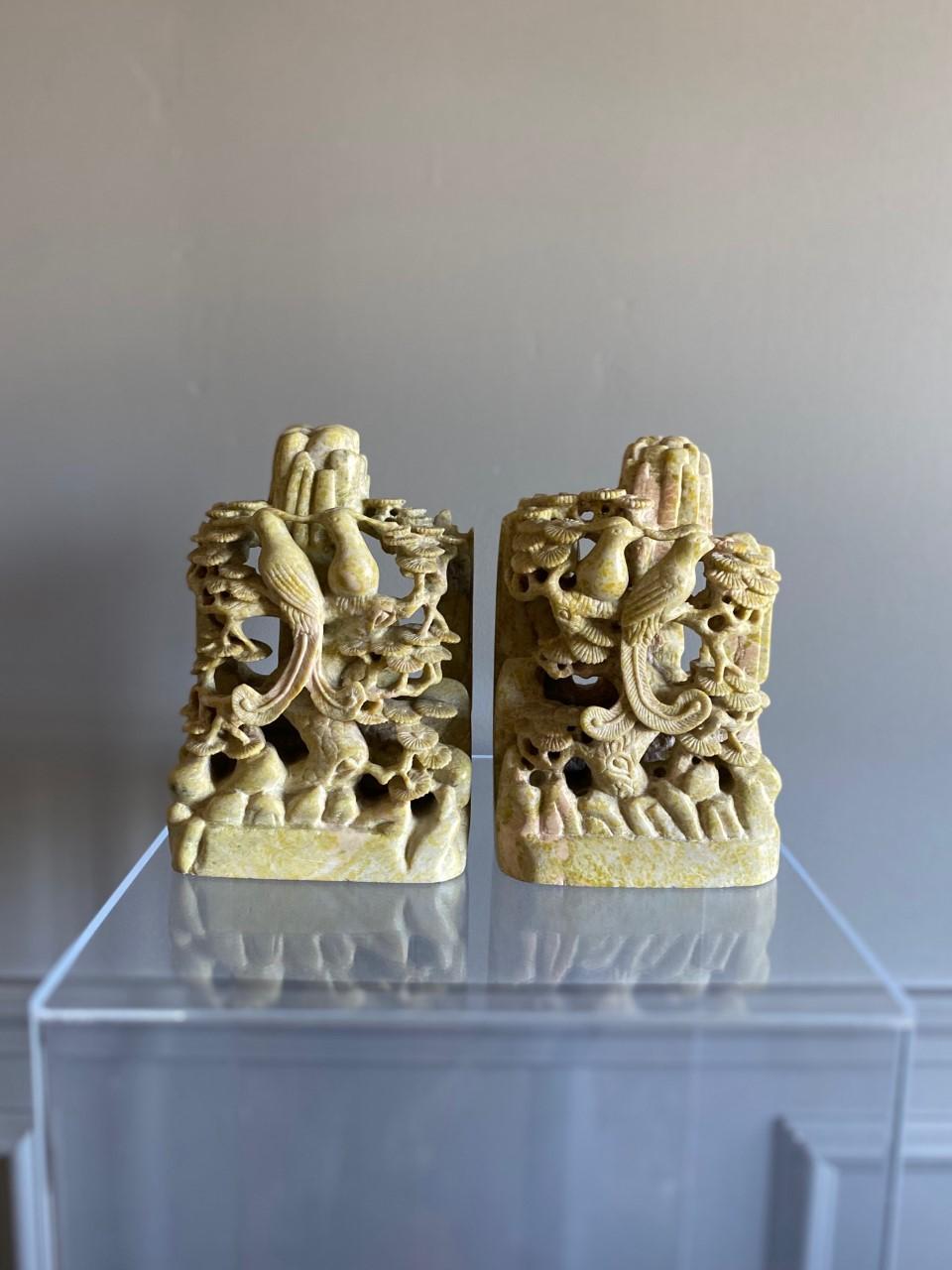 Hand-Carved Pair of Hand Carved Green Soapstone Bookends with Pheasant imagery Chinoiserie For Sale