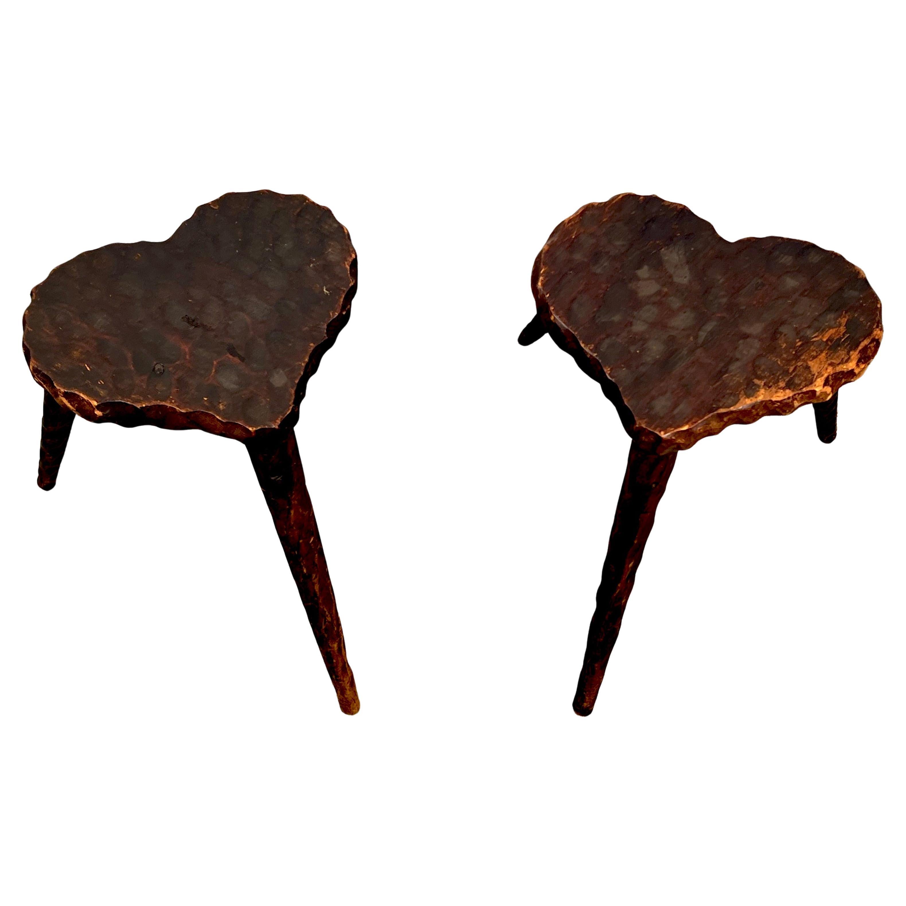 Pair of Hand-Carved Heart Shaped Stools