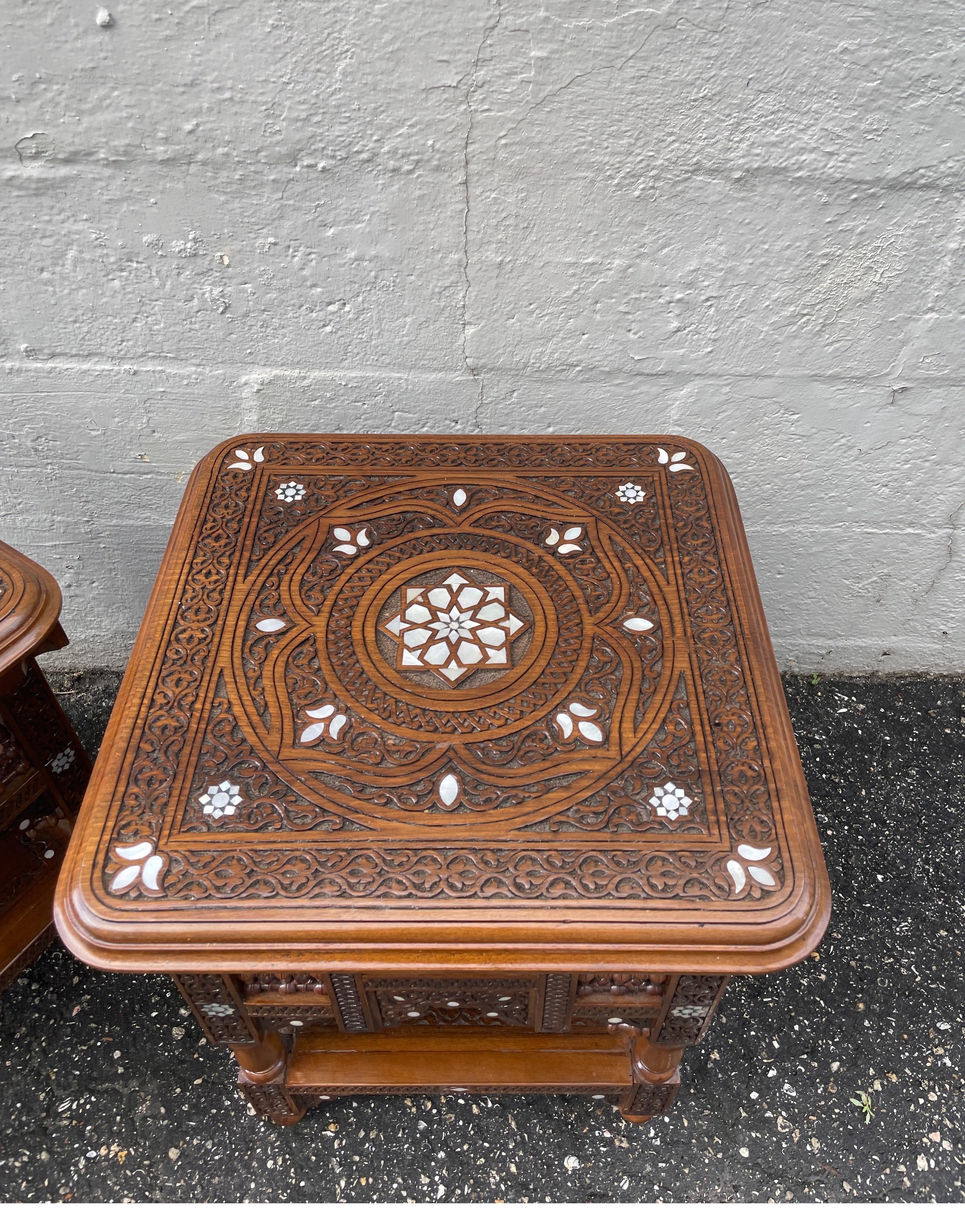 Pair of Hand Carved & Inlaid Mother of Pearl Side Tables For Sale 2