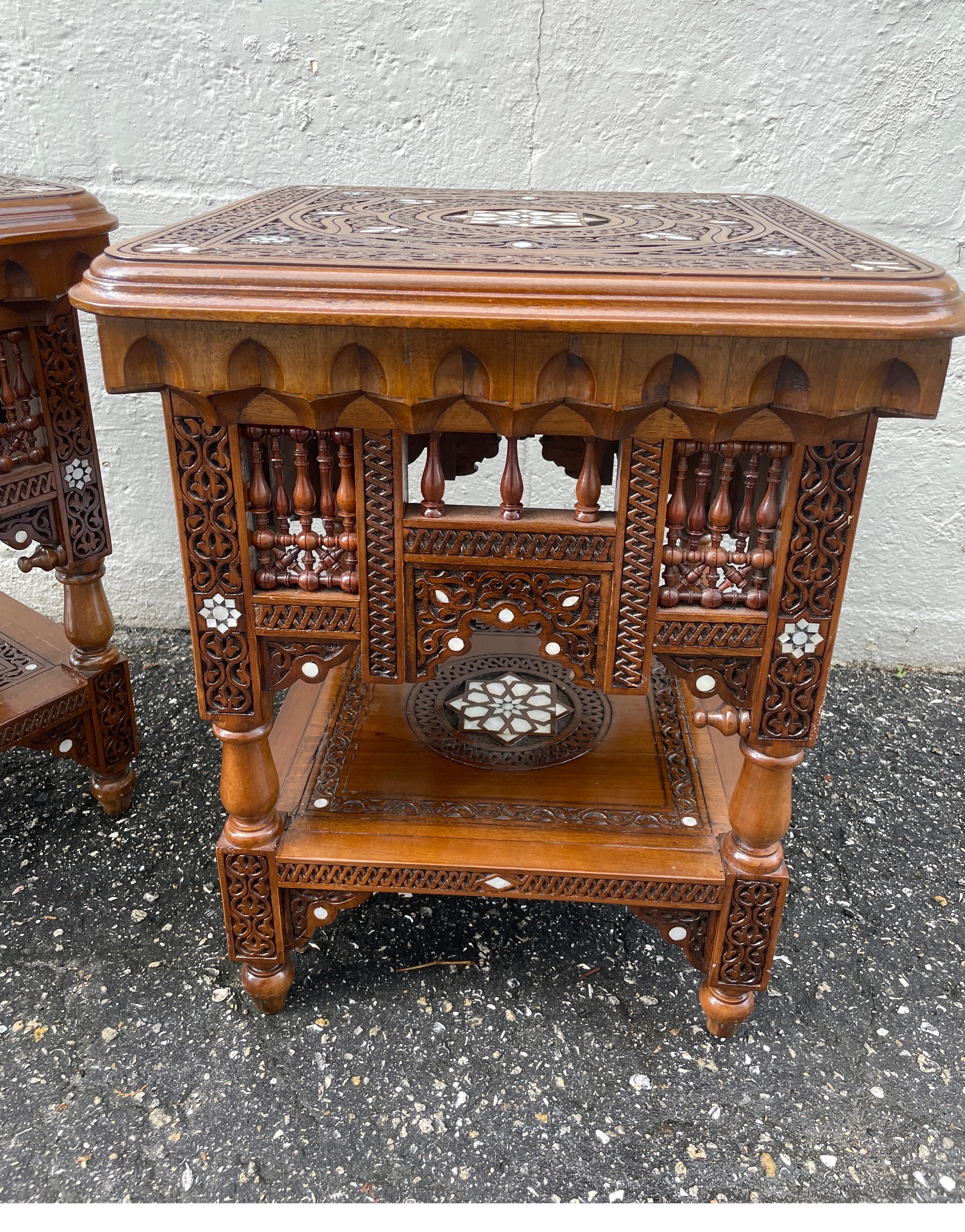 Pair of Hand Carved & Inlaid Mother of Pearl Side Tables For Sale 3