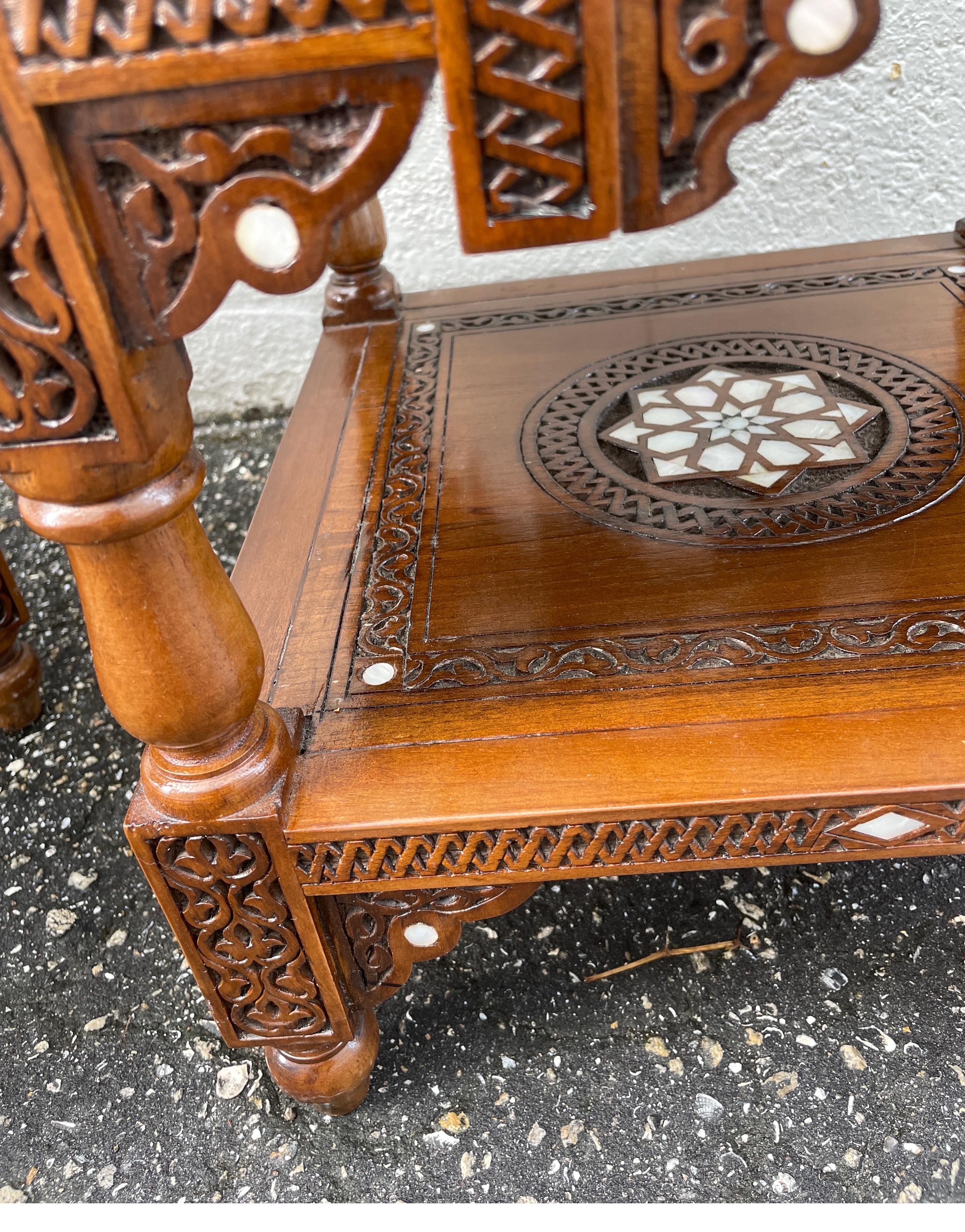 Pair of Hand Carved & Inlaid Mother of Pearl Side Tables For Sale 5
