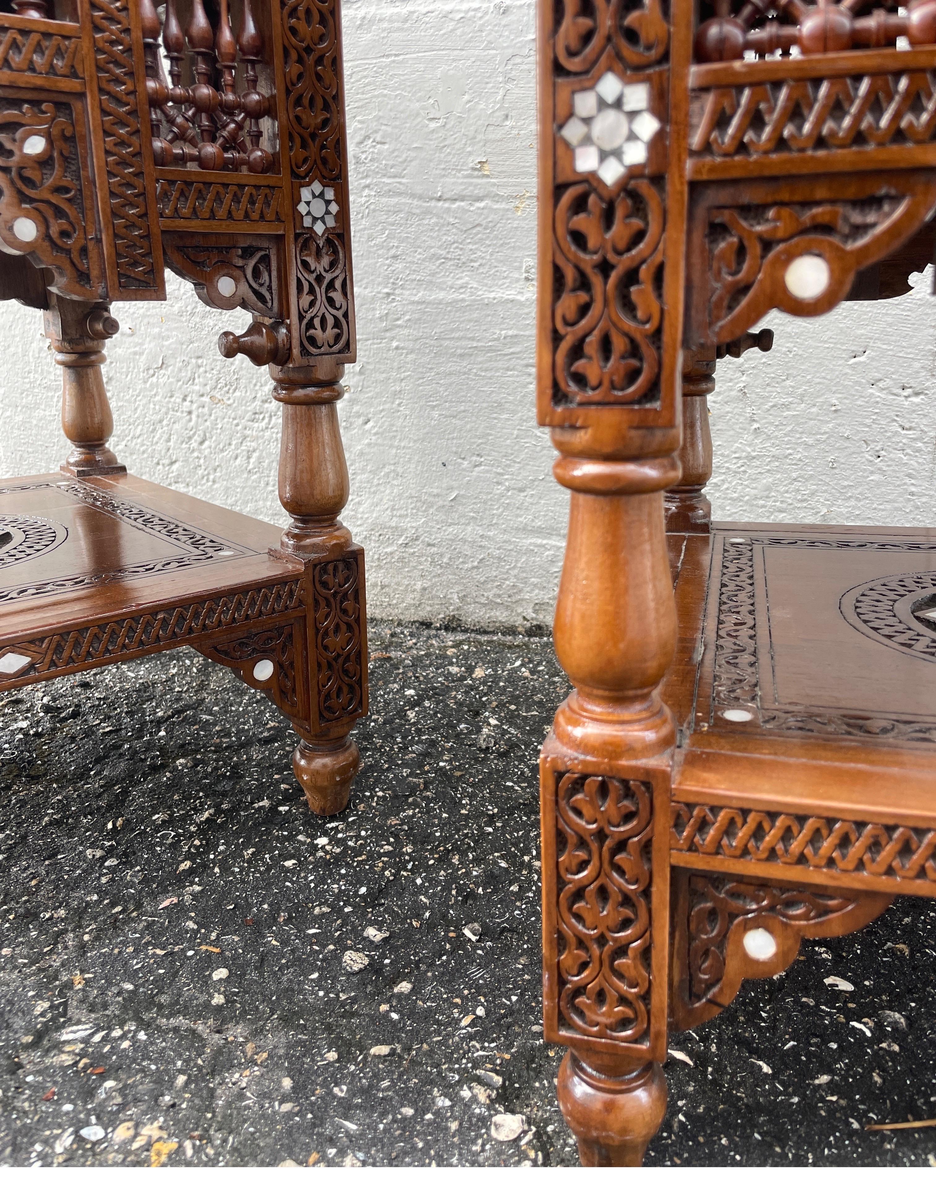 Pair of Hand Carved & Inlaid Mother of Pearl Side Tables For Sale 6