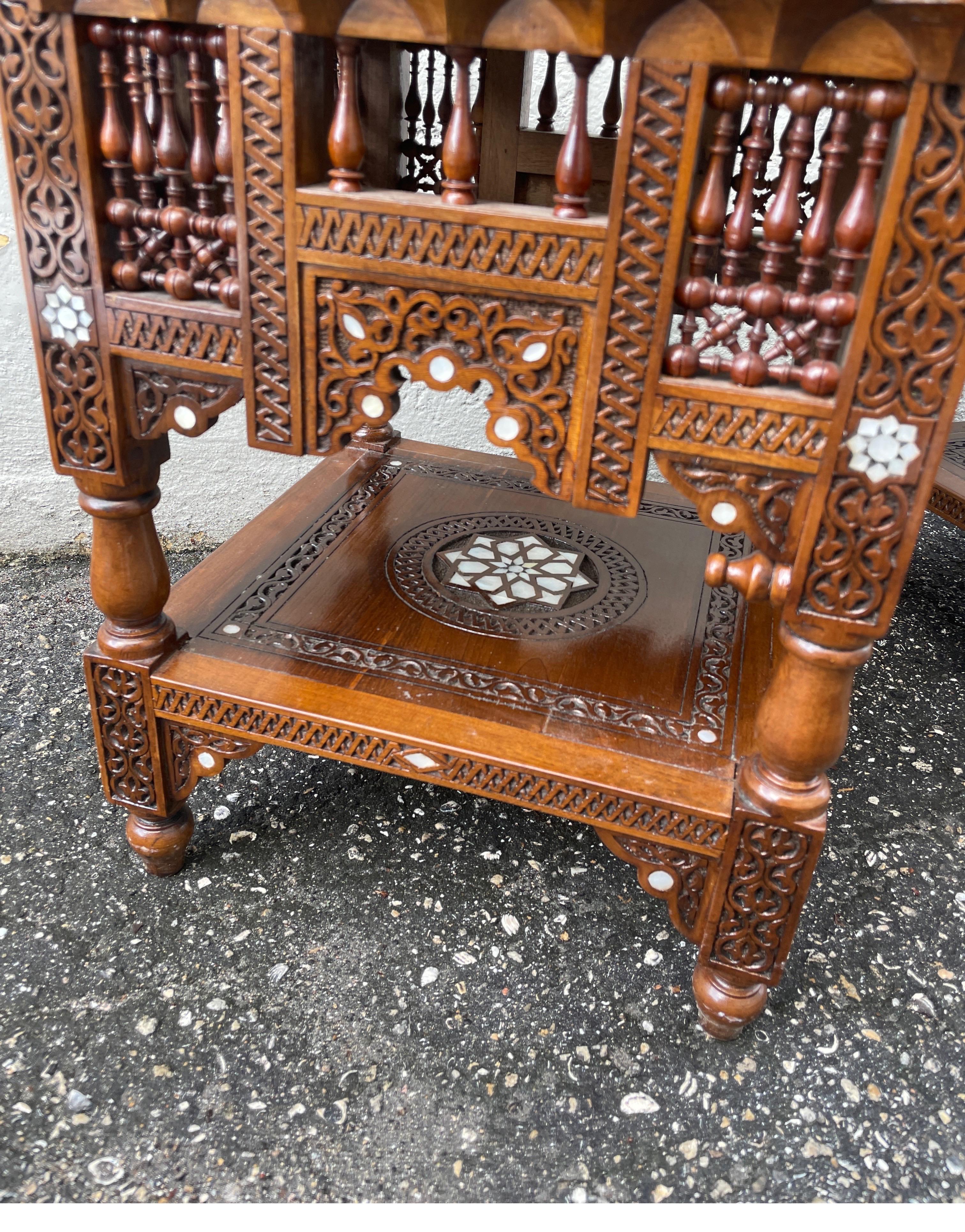 Moorish Pair of Hand Carved & Inlaid Mother of Pearl Side Tables For Sale