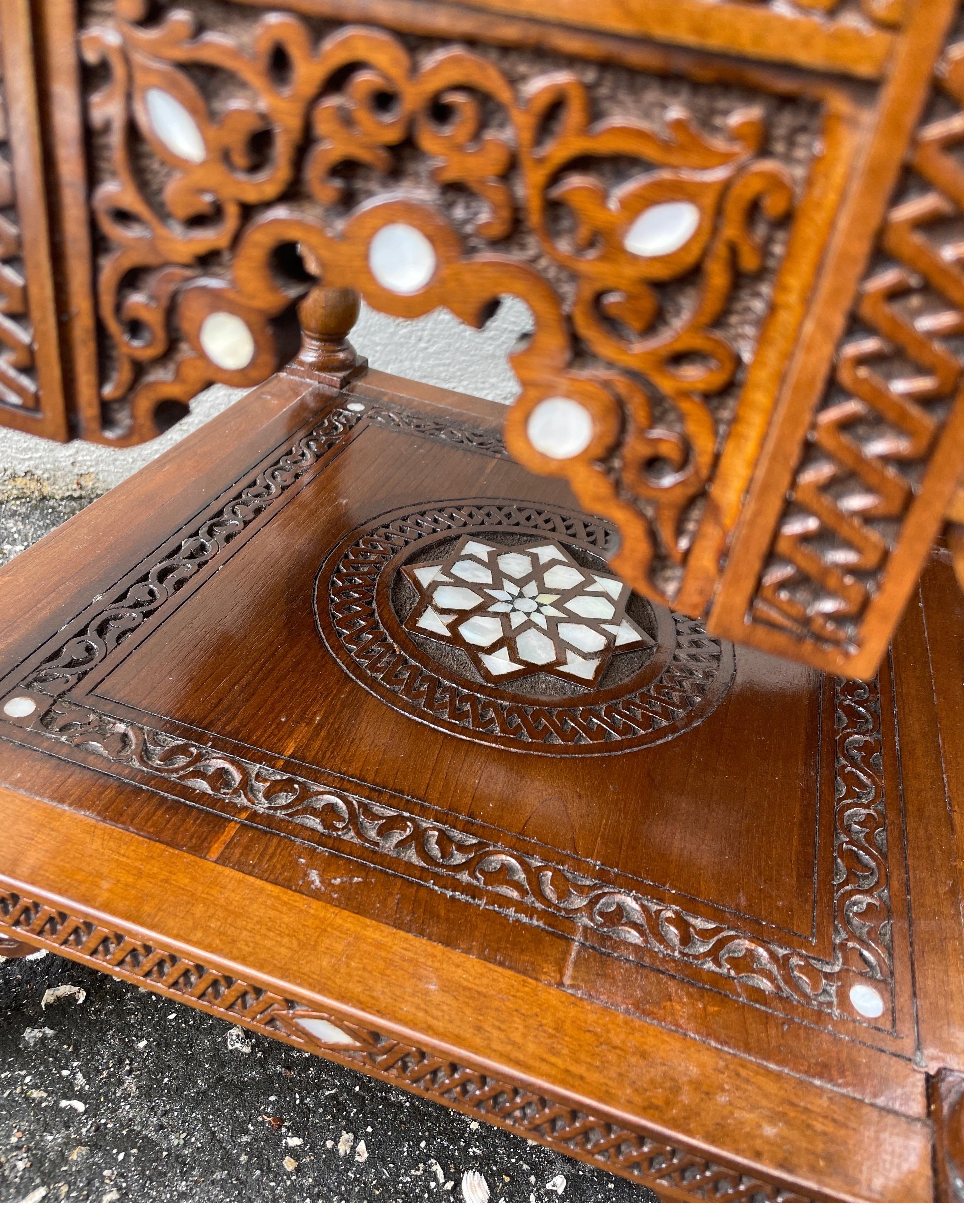 Spanish Pair of Hand Carved & Inlaid Mother of Pearl Side Tables For Sale