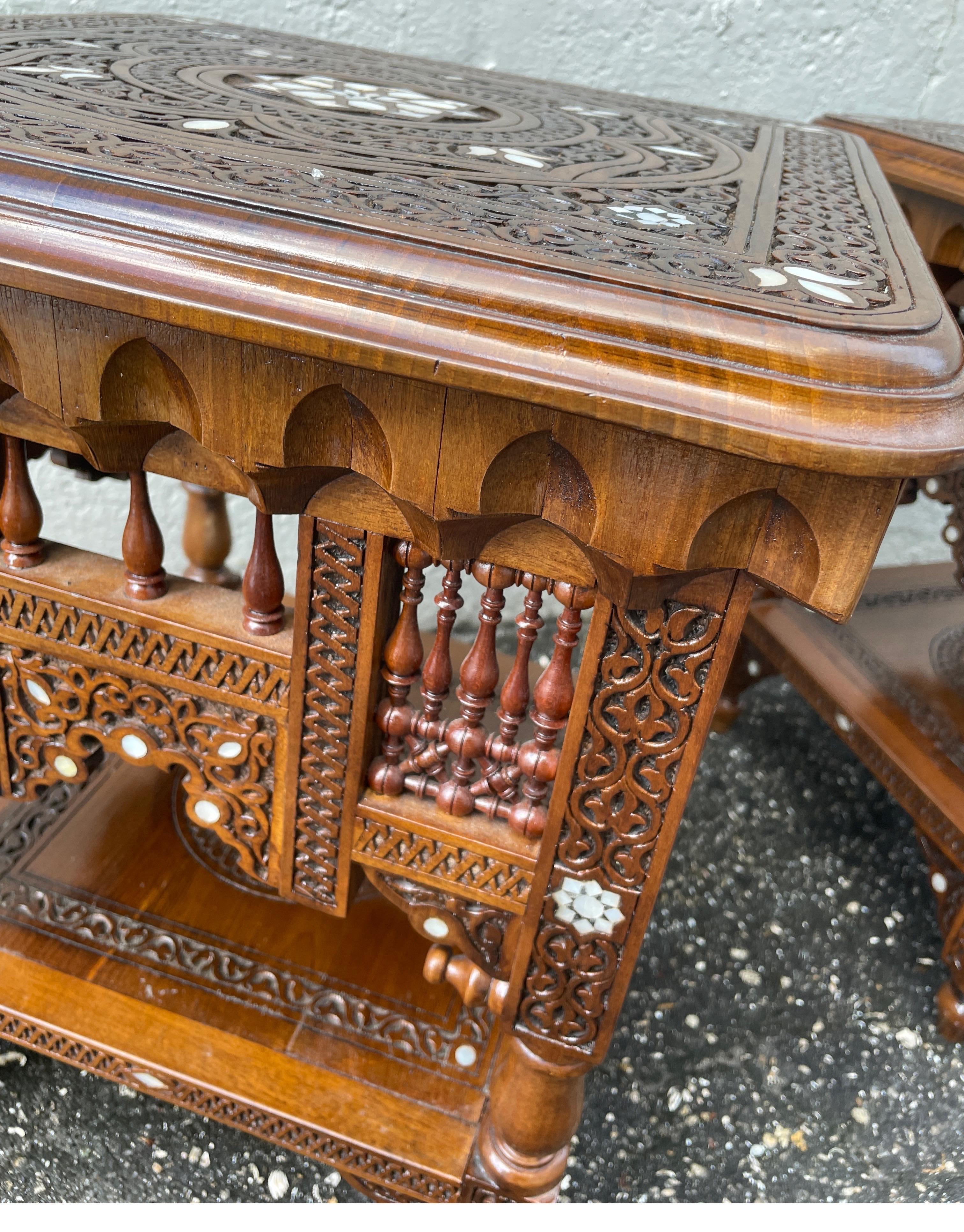 Pair of Hand Carved & Inlaid Mother of Pearl Side Tables In Good Condition For Sale In West Palm Beach, FL
