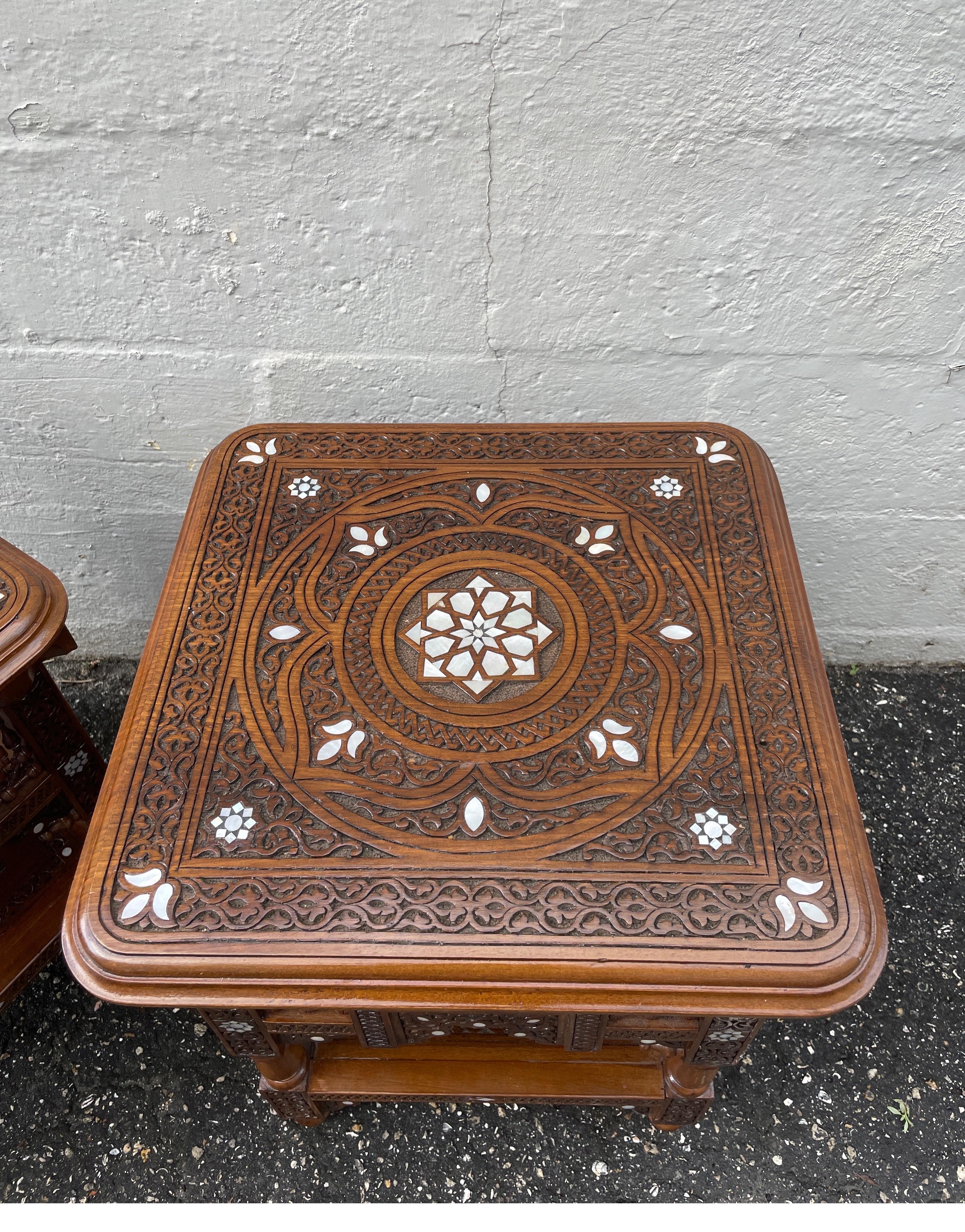 Pair of Hand Carved & Inlaid Mother of Pearl Side Tables For Sale 1