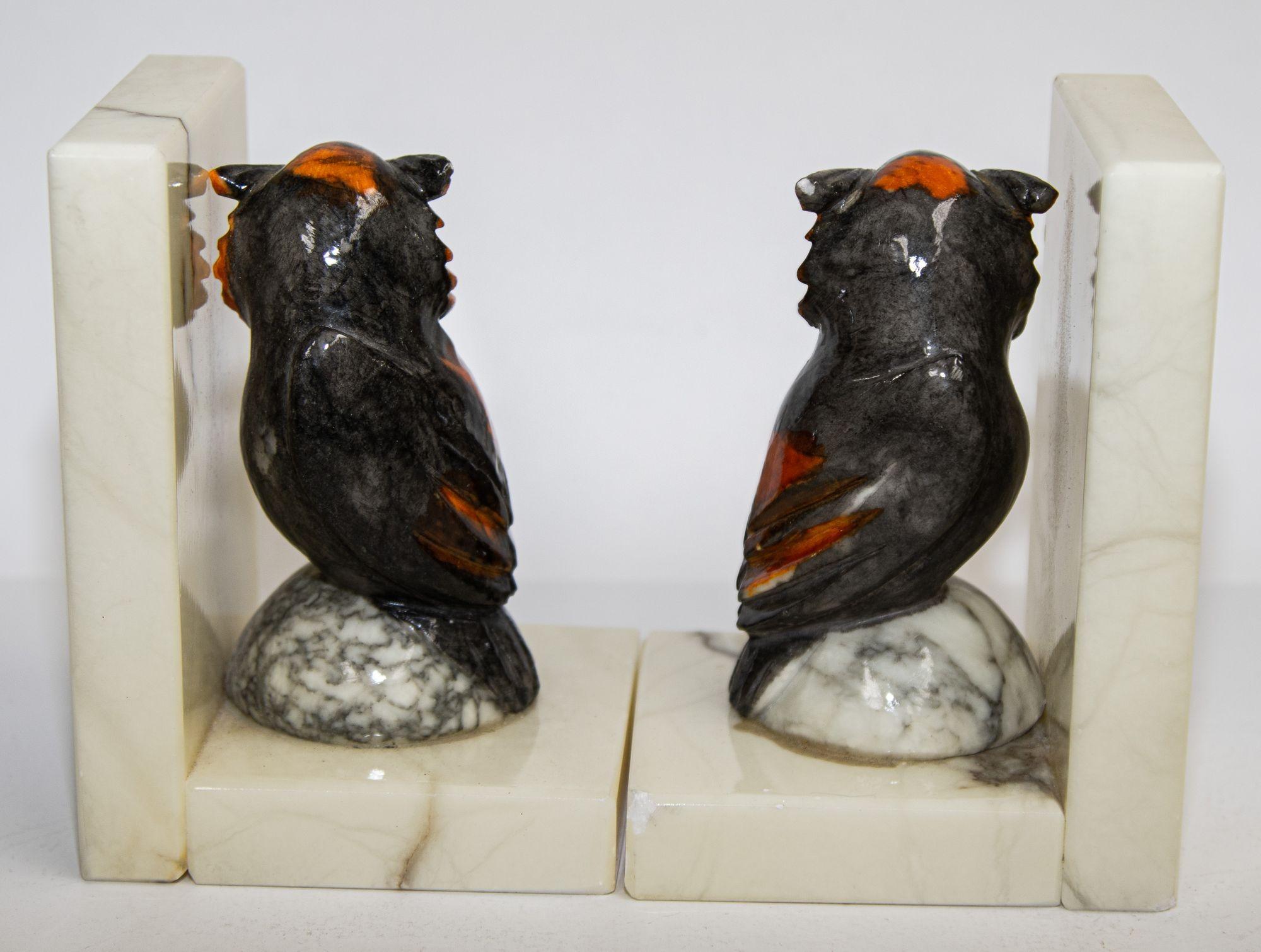 Pair of Hand-Carved Italian Alabaster Owl Bookends 1950's 2