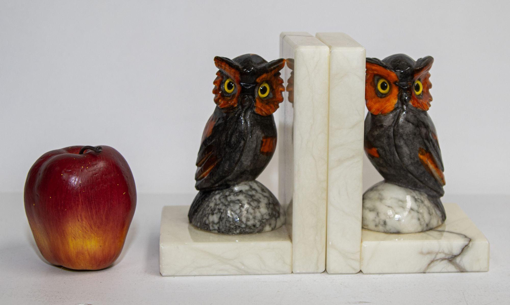 Pair of Hand-Carved Italian Alabaster Owl Bookends 1950's 11