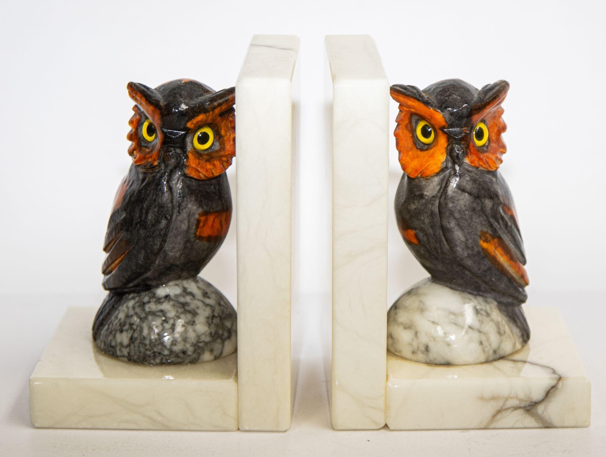 Pair of Hand-Carved Italian Alabaster Owl Bookends 1950's 12