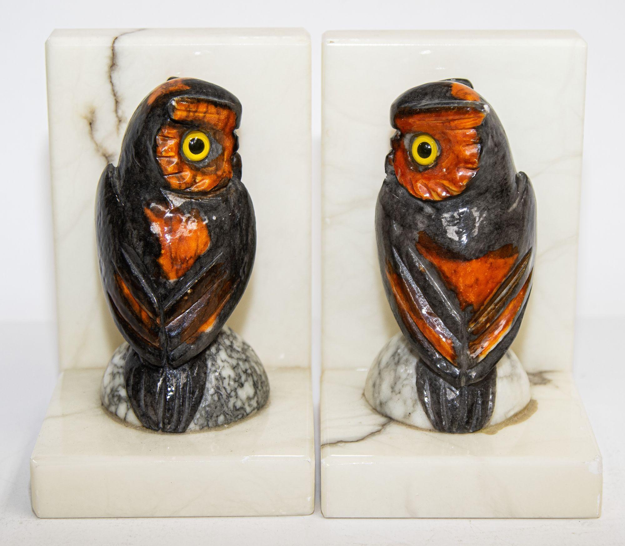Pair of Hand-Carved Italian Alabaster Owl Bookends 1950's 1