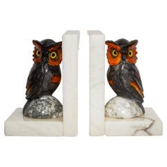Pair of Hand-Carved Italian Alabaster Owl Bookends 1950's