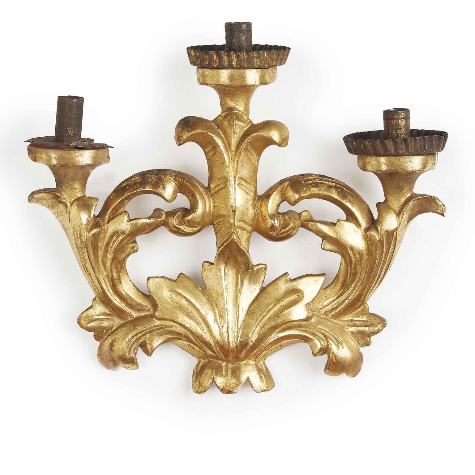 Iron Pair of Italian Baroque Giltwood Wall Candelabra 19th Century Carved Sconces For Sale